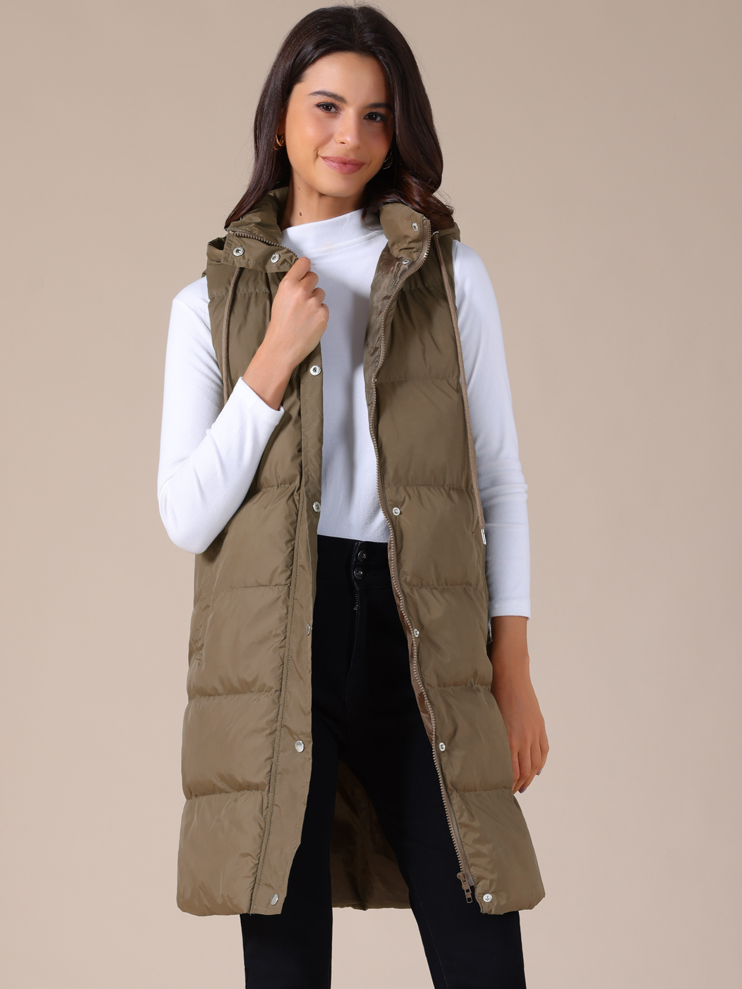 Casual Sleeveless Hooded Long Puffer Vest Down Jacket Coffee/M
