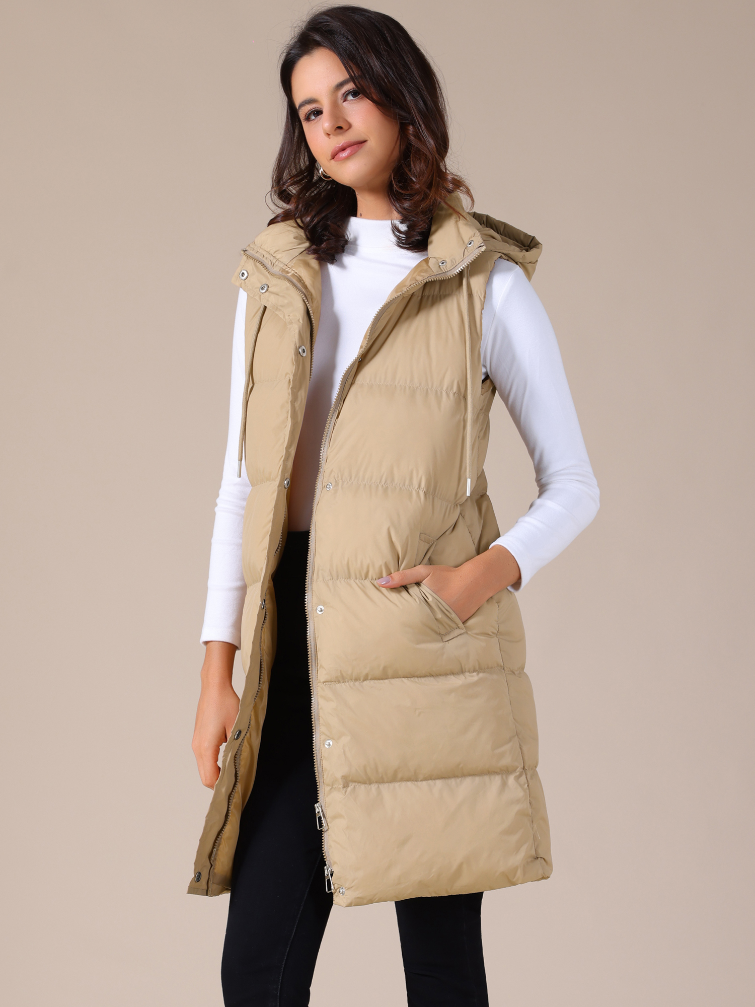 Casual Sleeveless Hooded Long Puffer Vest Down Jacket Khaki/L