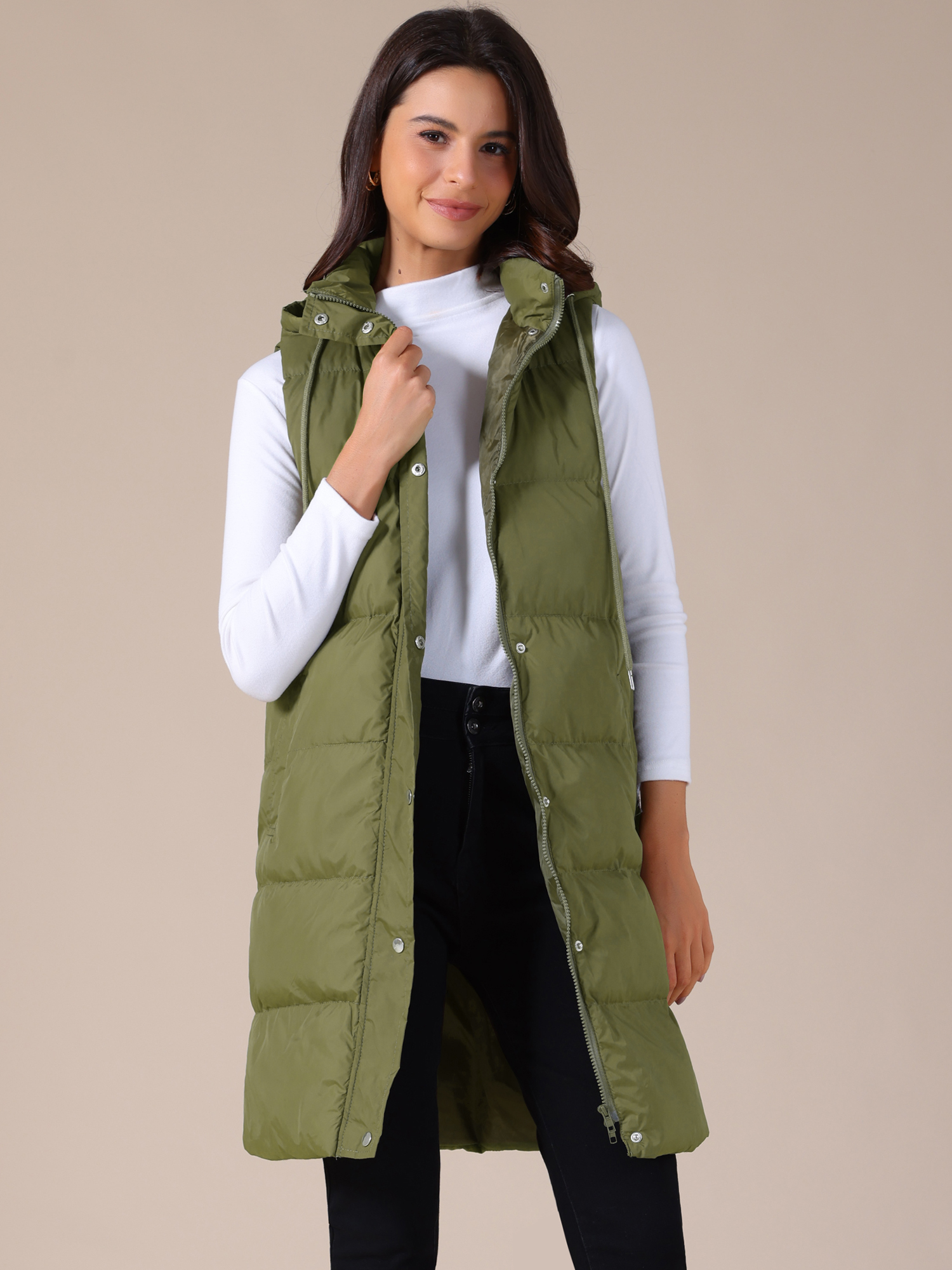 Casual Sleeveless Hooded Long Puffer Vest Down Jacket Green/M