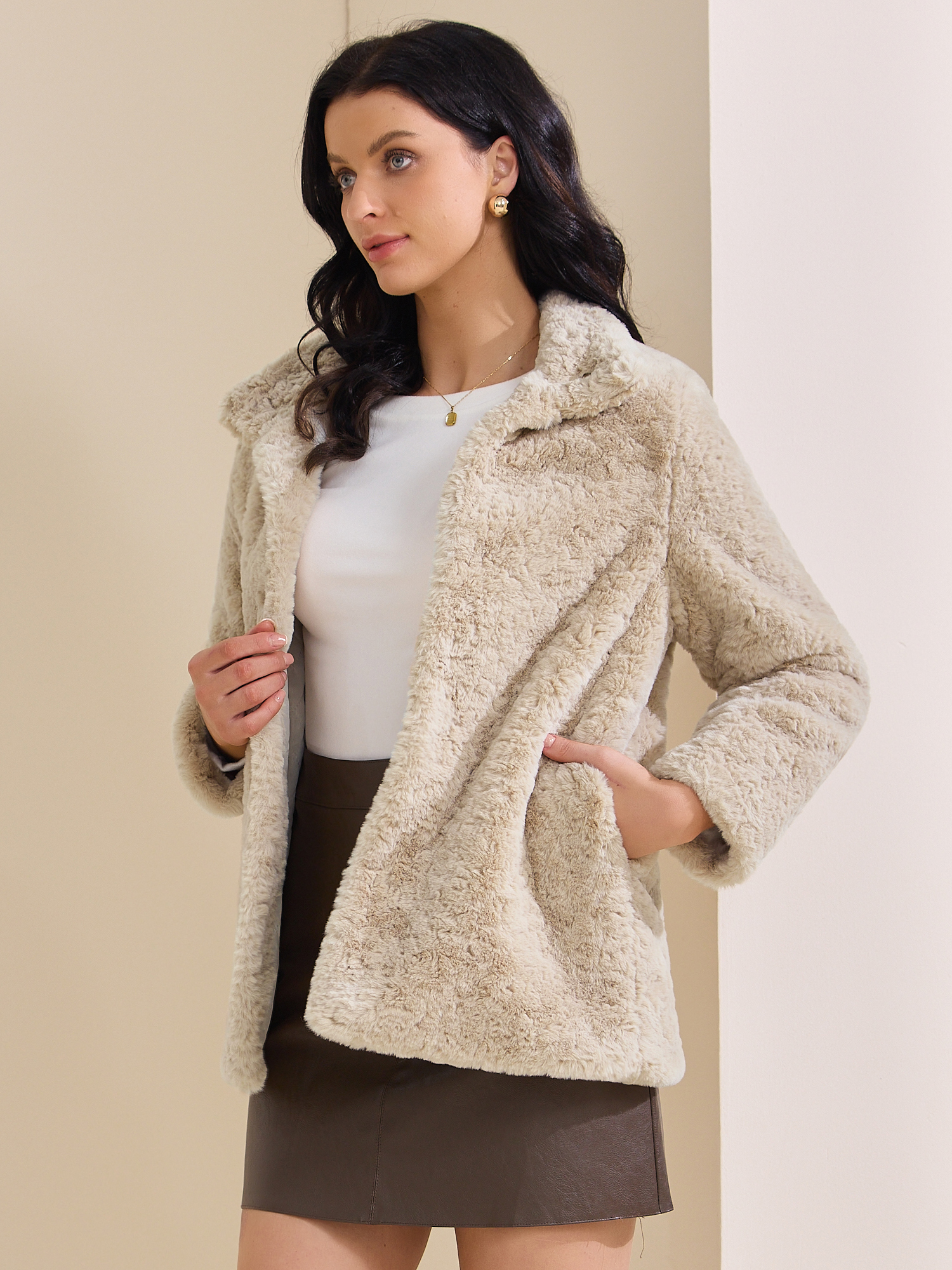 Lapel Warm Long Sleeves Pockets Fluffy Faux Fur Coat Khaki/S