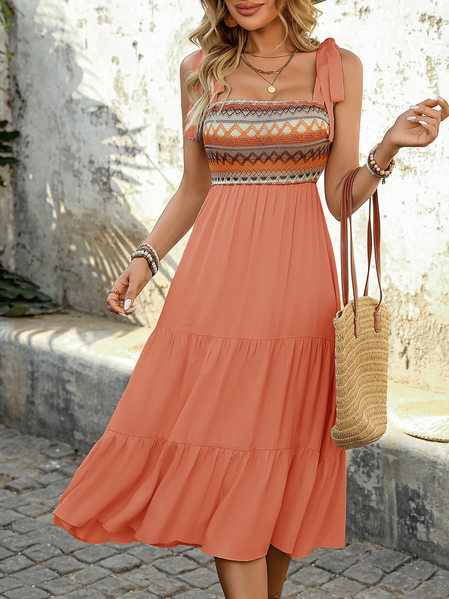 Embroidered Boho Sleeveless Tiered Midi Dress Sundress Orange/XS