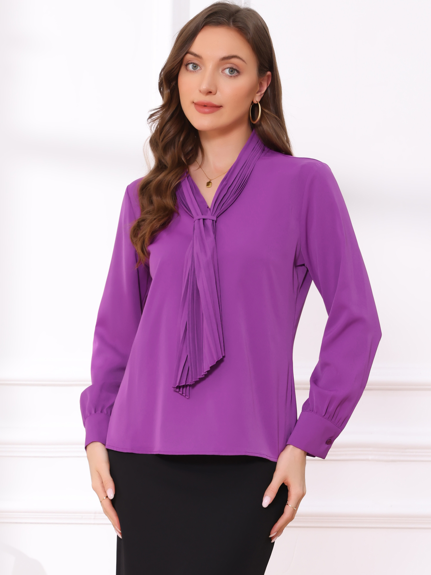 Long Sleeve Chiffon Pleated Tie Neck Office Blouse Violet/XL
