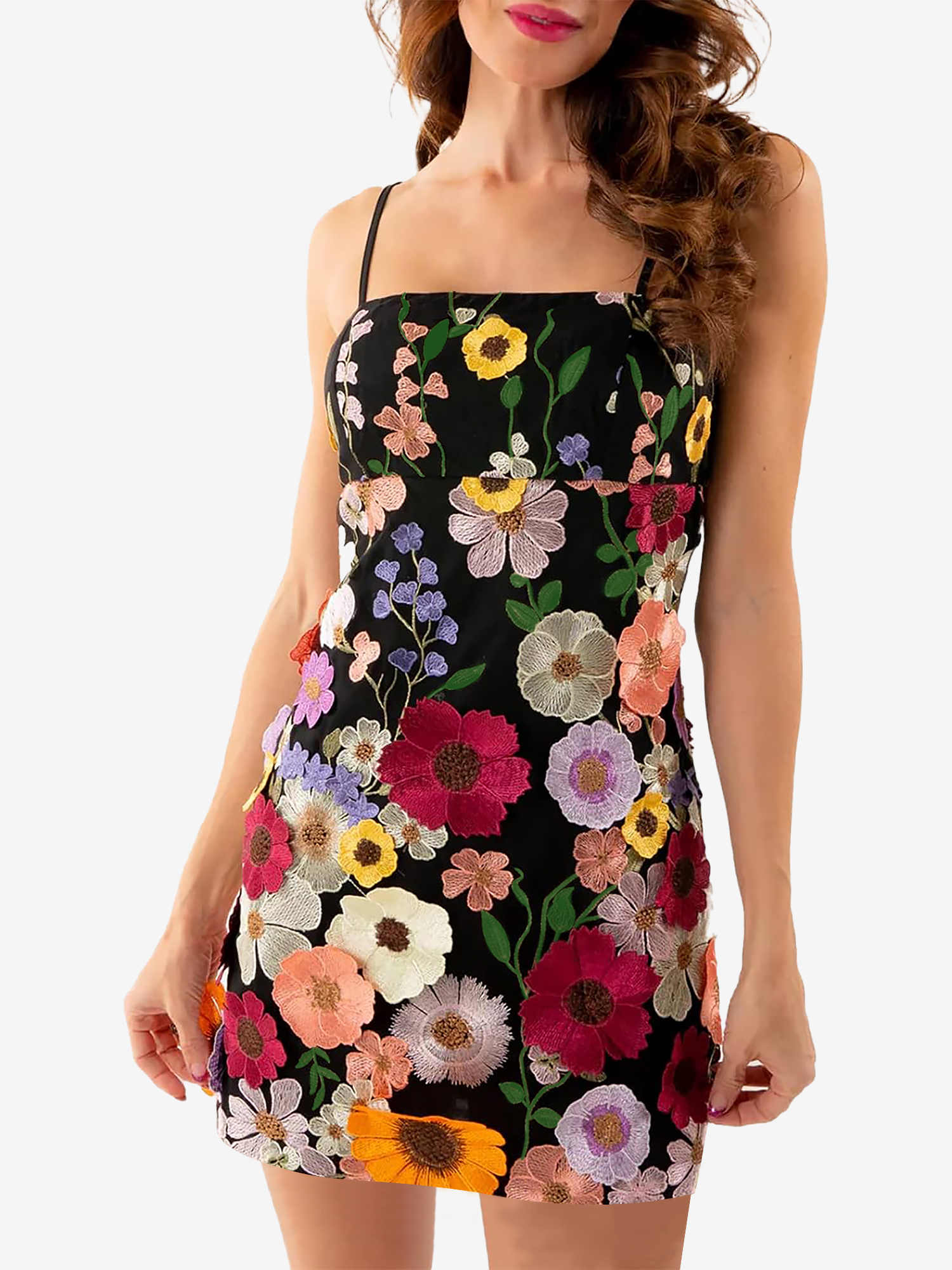 Floral Embroidery Spaghetti Strap Mini Dress Black/XS