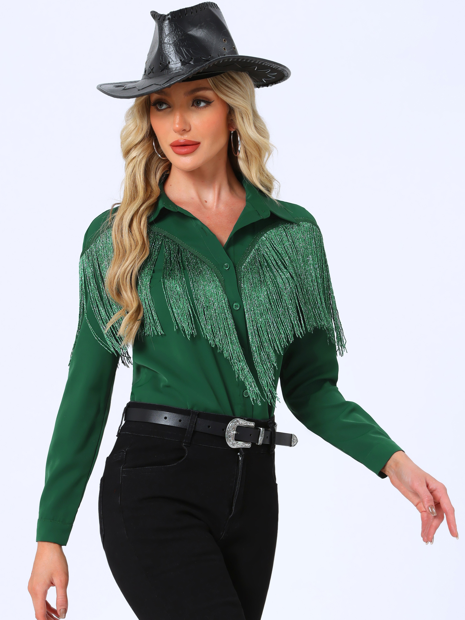Glitter Fringe Long Sleeve Button Down Disco Party Cowgirl Blouse Dark Green/XL
