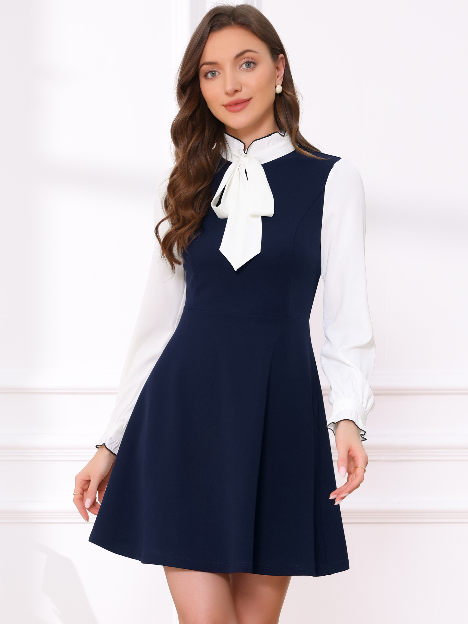 Patchwork Contrast Color Long Sleeve Tie Neck Mini Dress Dark Blue/M