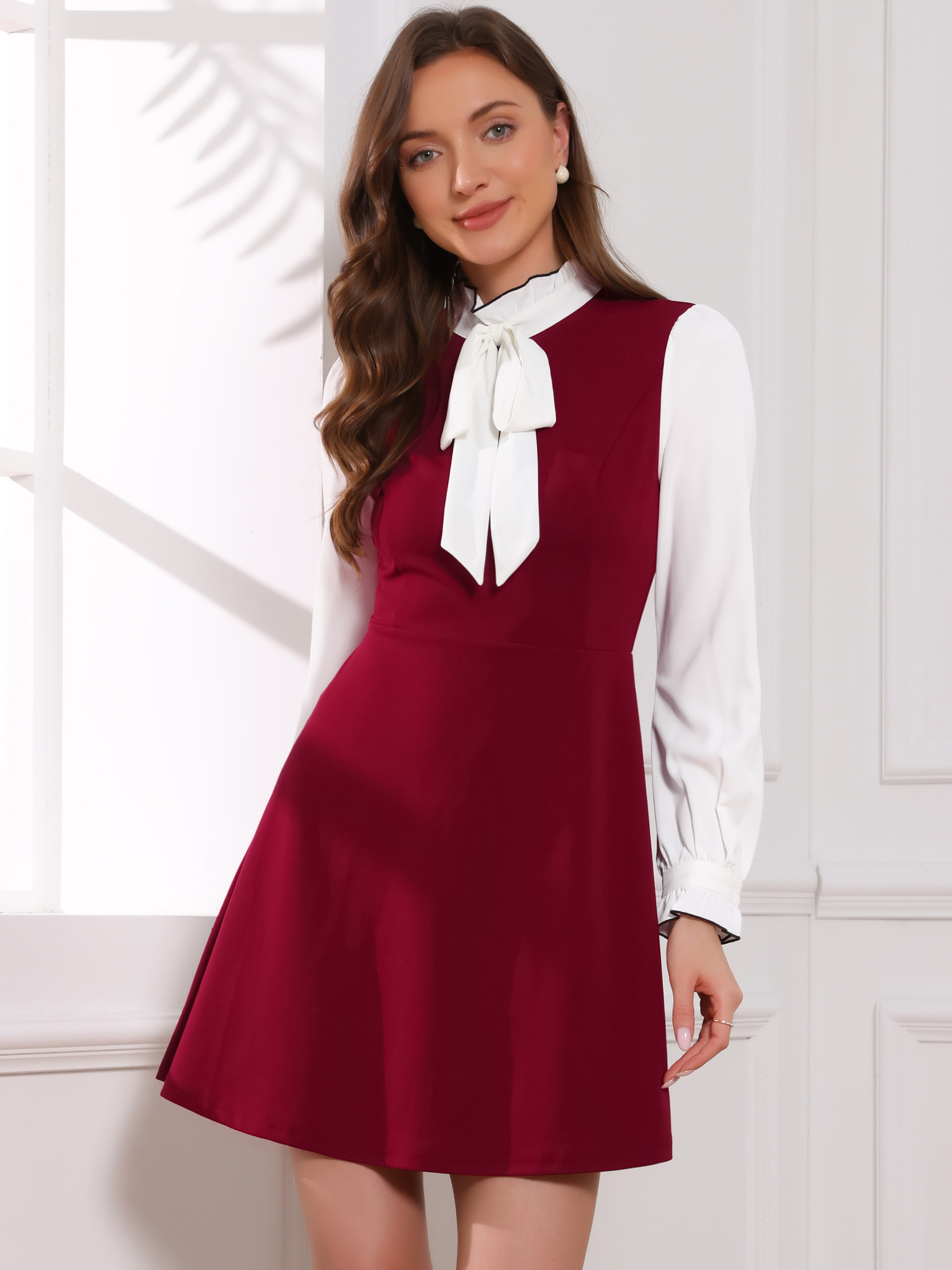 Patchwork Contrast Color Long Sleeve Tie Neck Mini Dress Burgundy/XL