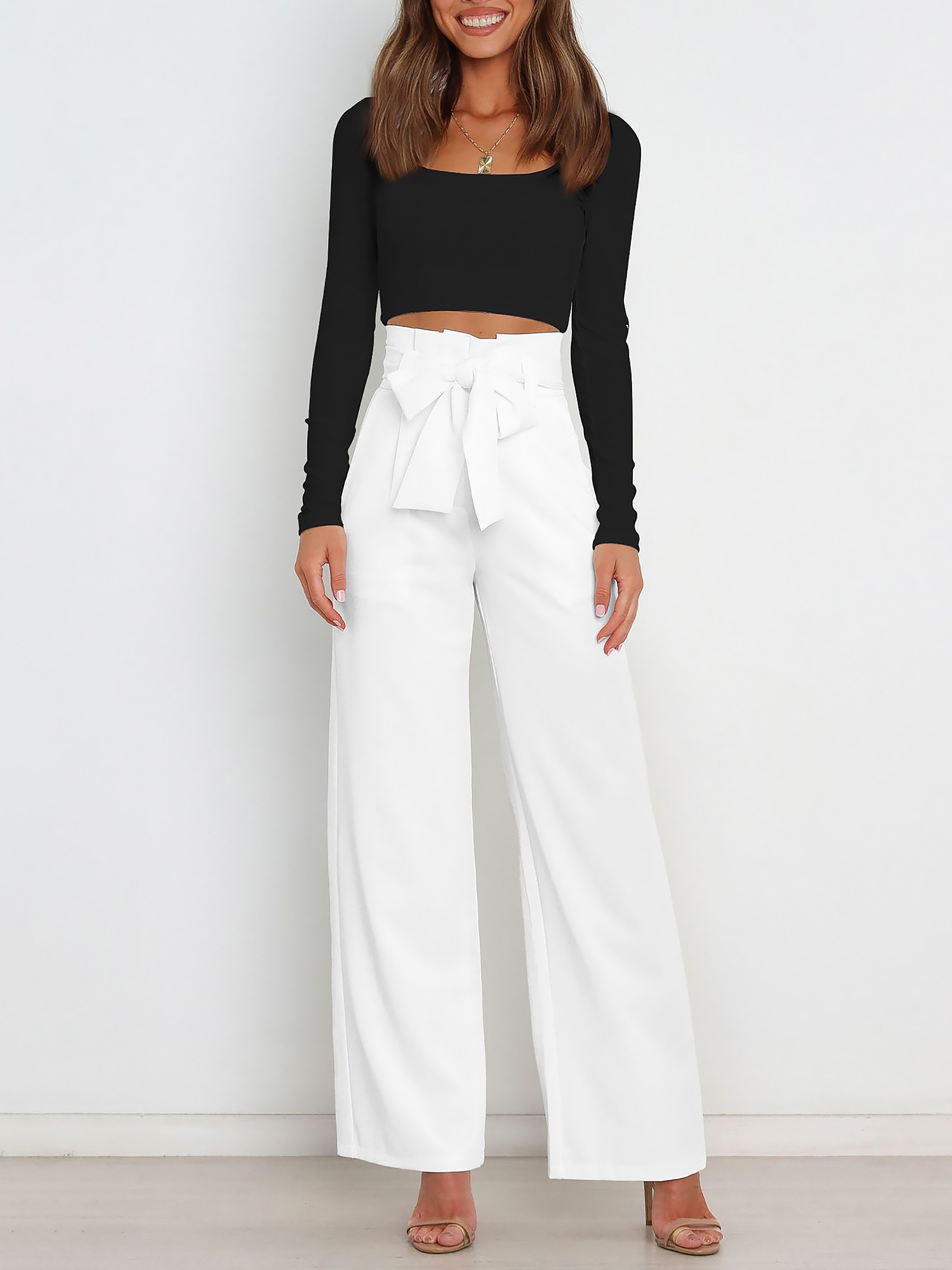 Wide Leg Tie Waist Versatile Paper Bag Pants White/M