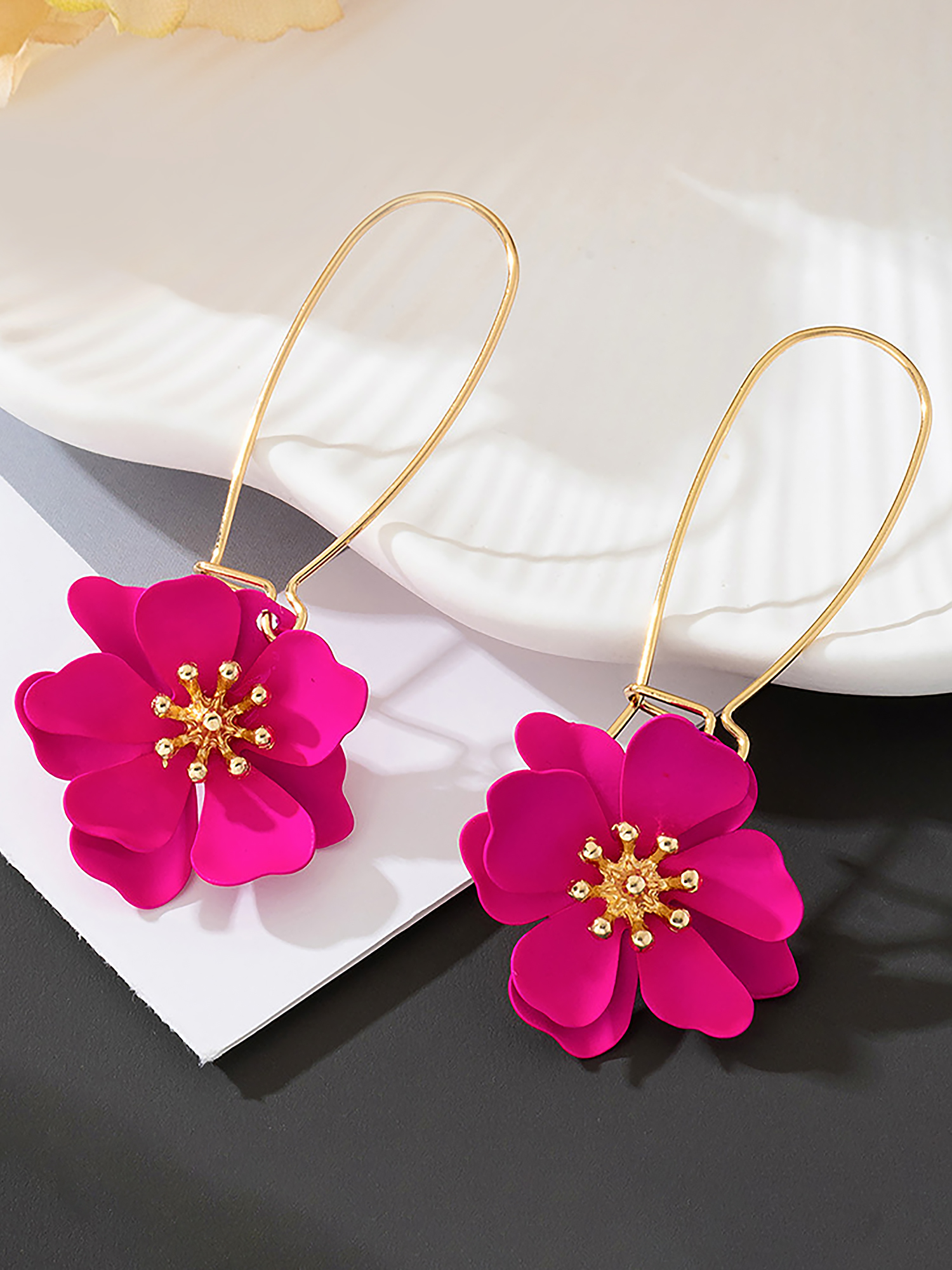 Boho-Chic Floral Drops Flower Pendant Dangle Gold Plated Petals Earrings Rose Red/One Size
