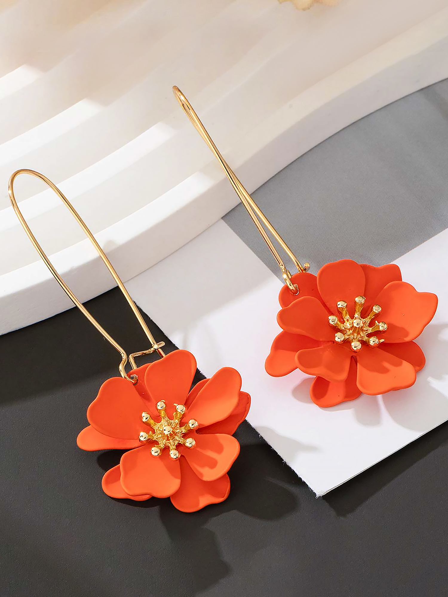 Boho-Chic Floral Drops Flower Pendant Dangle Gold Plated Petals Earrings Orange/One Size