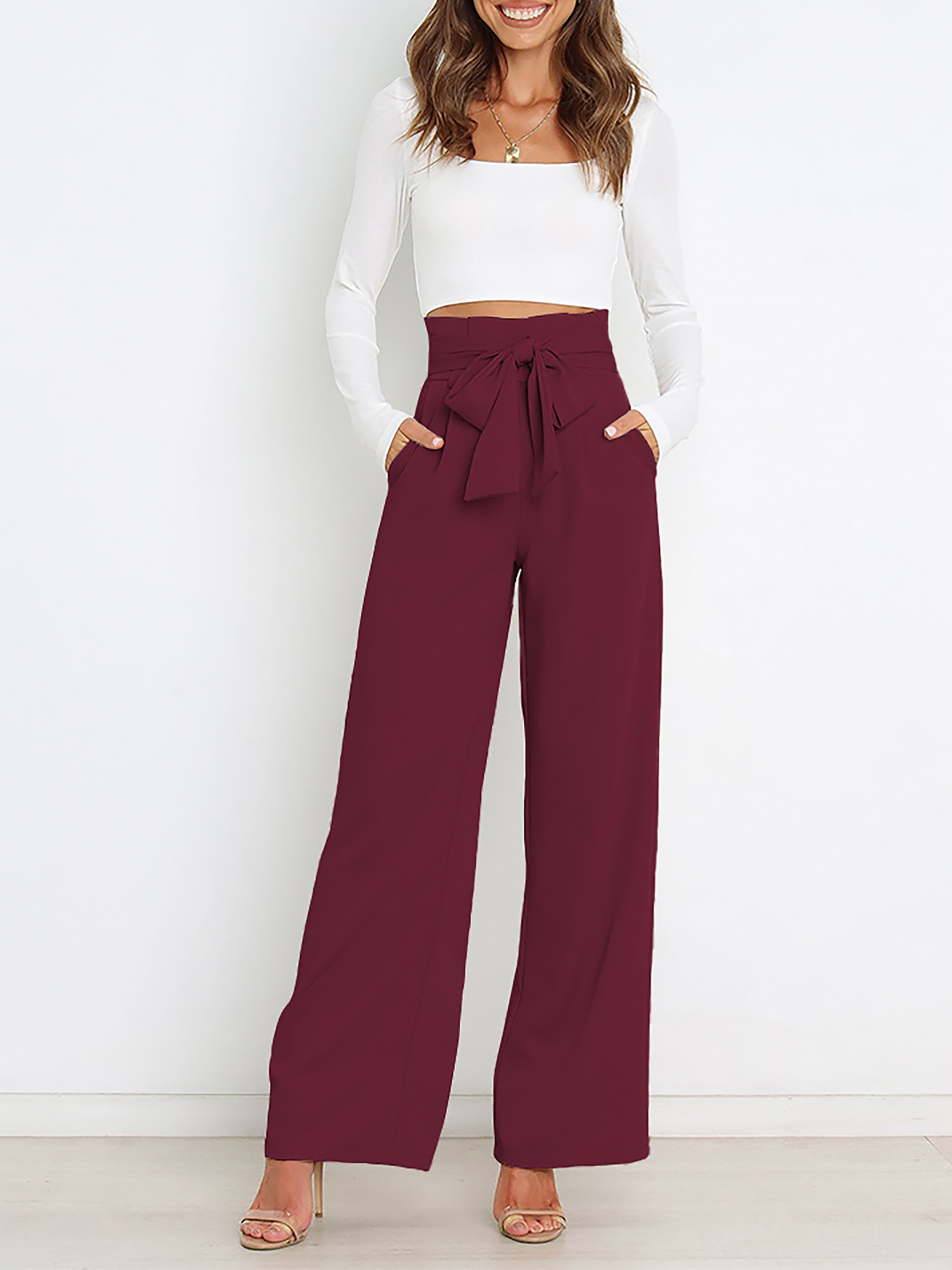 Wide Leg Tie Waist Versatile Paper Bag Pants Burgundy/XS