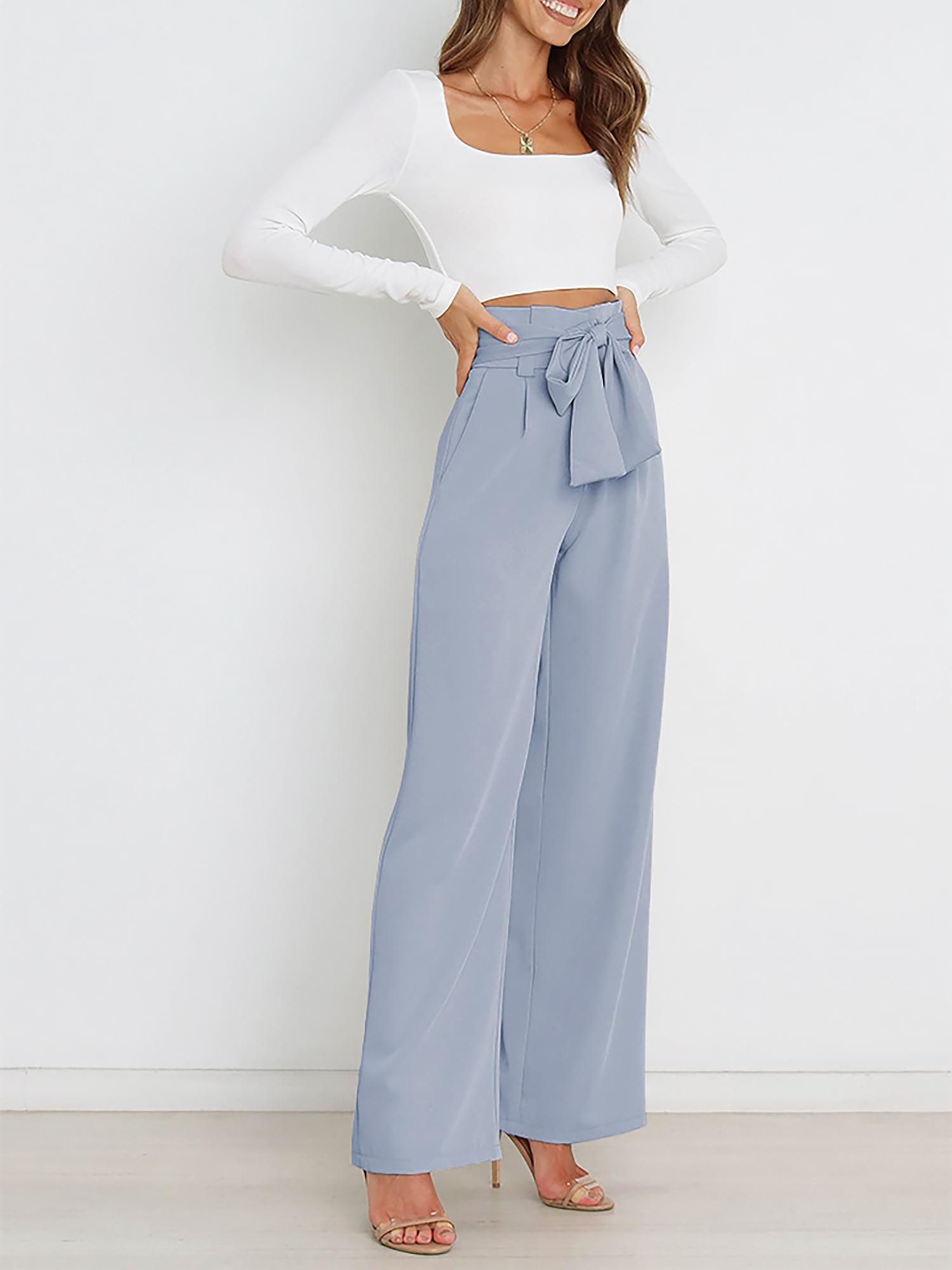 Wide Leg Tie Waist Versatile Paper Bag Pants Light Blue/S