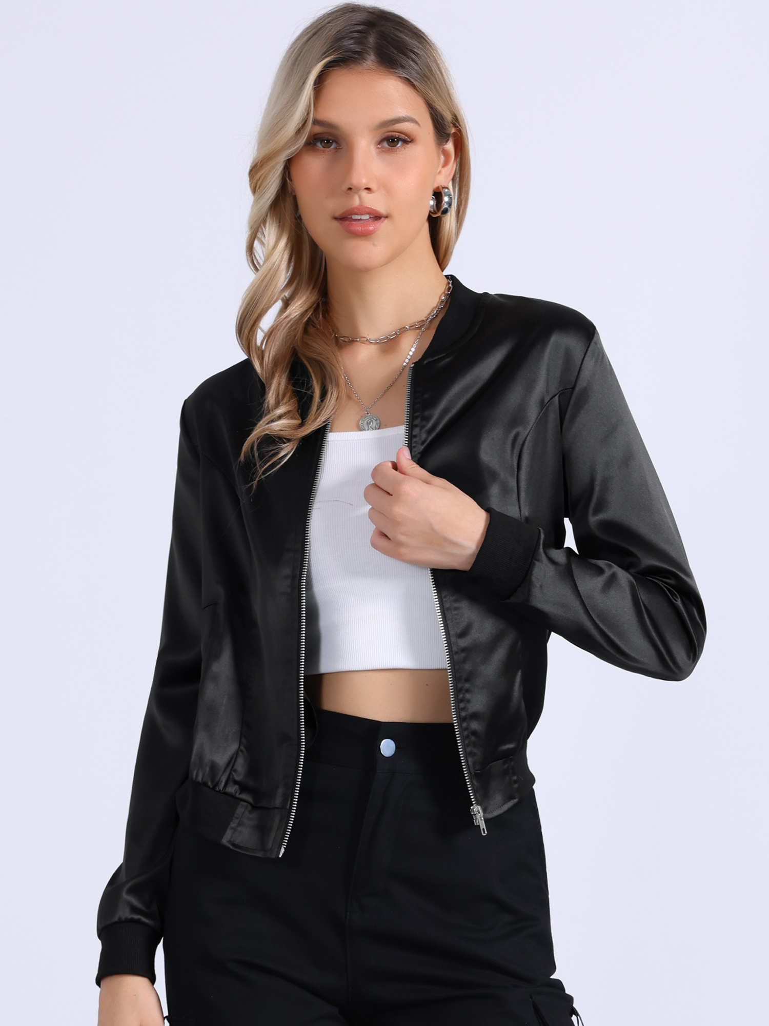 Stand Collar Zip Up Floral Print Bomber Jacket Blacks/L