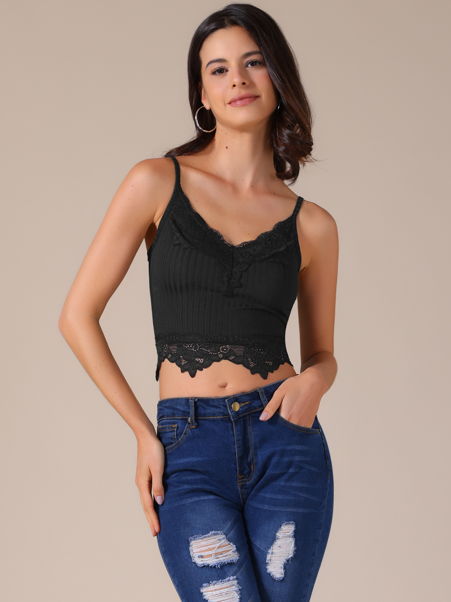 V Neck Sleeveless Lace Trim Y2K Cropped Tank Top Black/XL