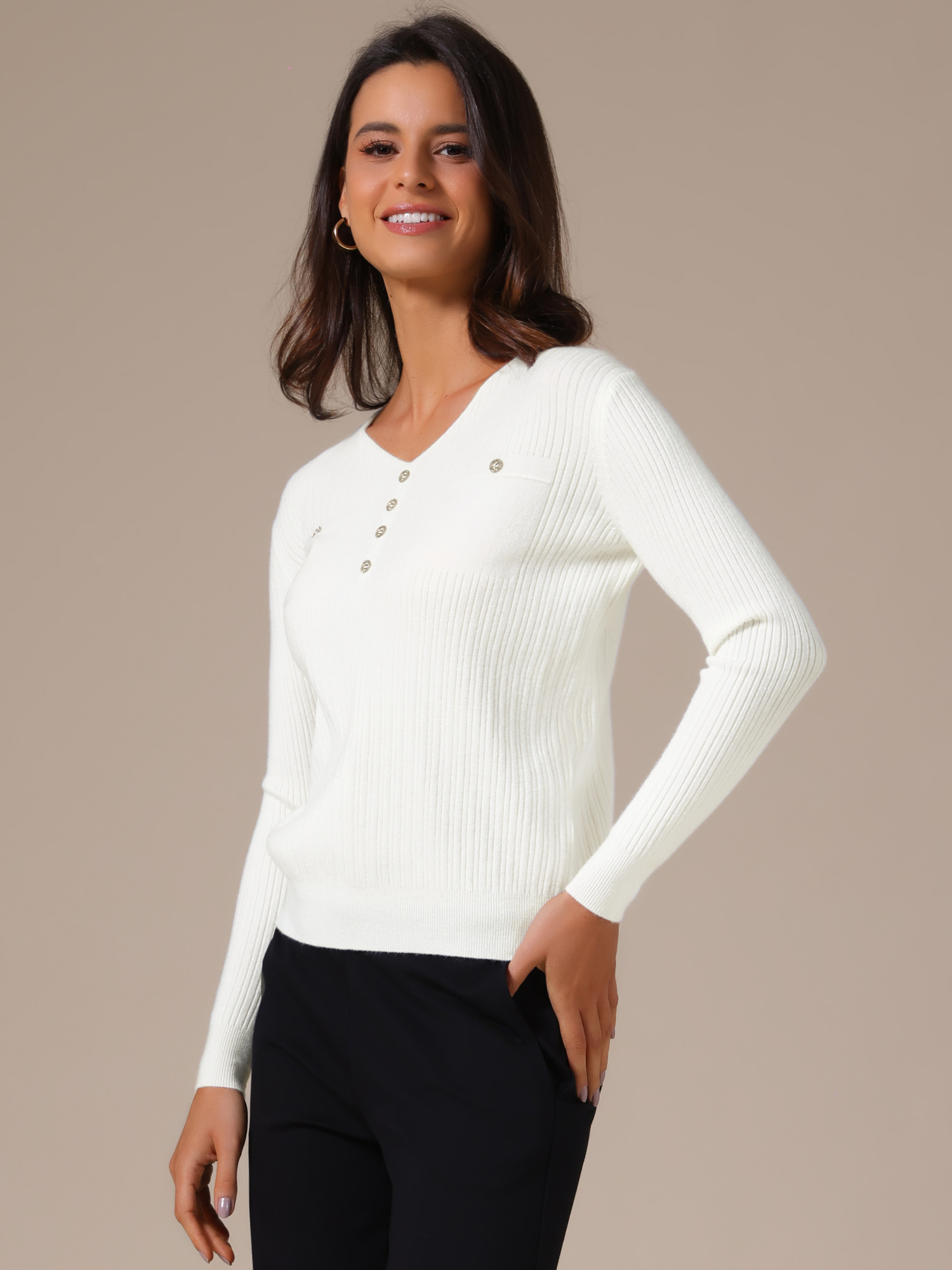 Long Sleeve V Neck Button Decor Ribbed Knit Top White/L