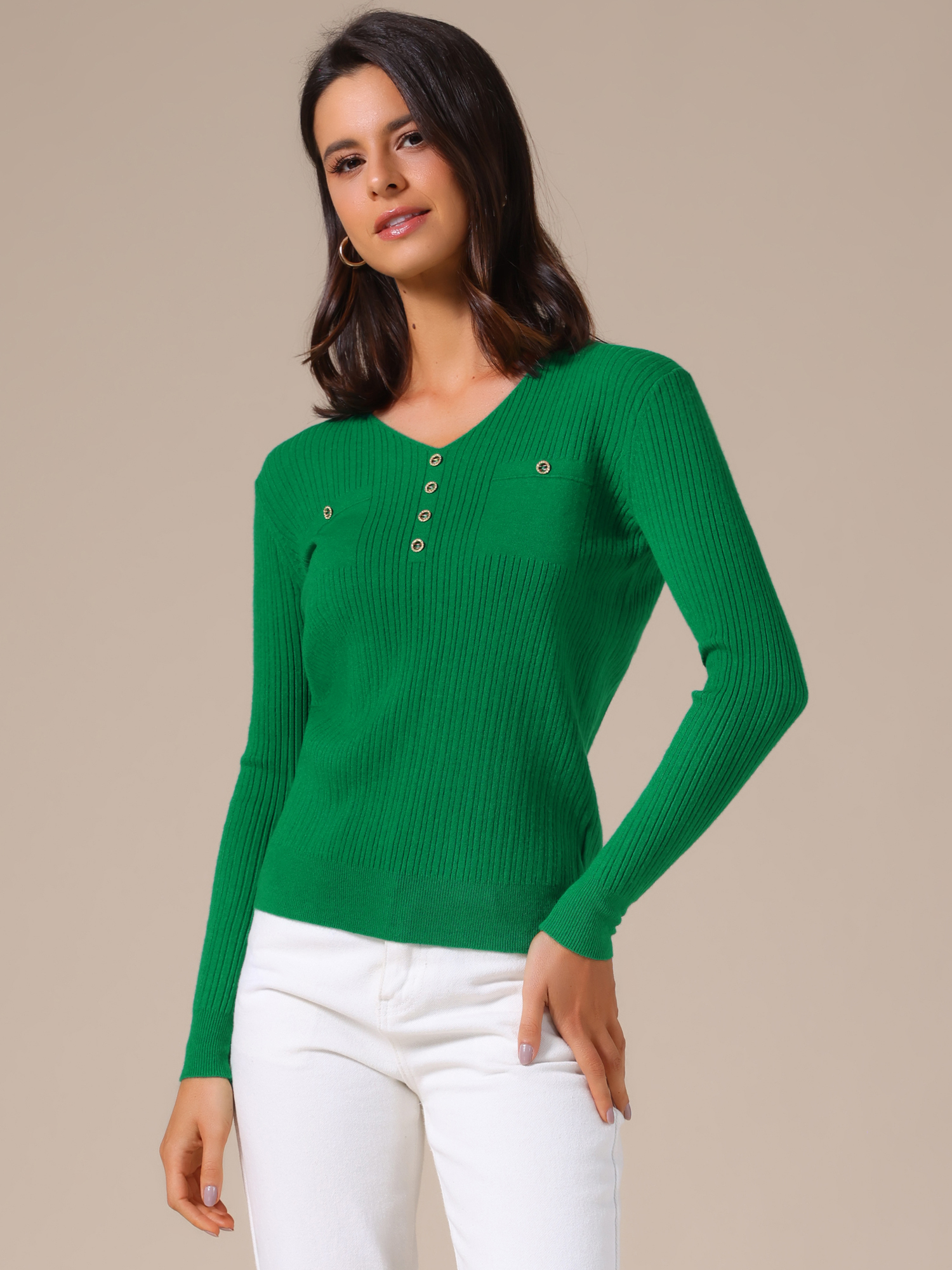 Long Sleeve V Neck Button Decor Ribbed Knit Top Green/S