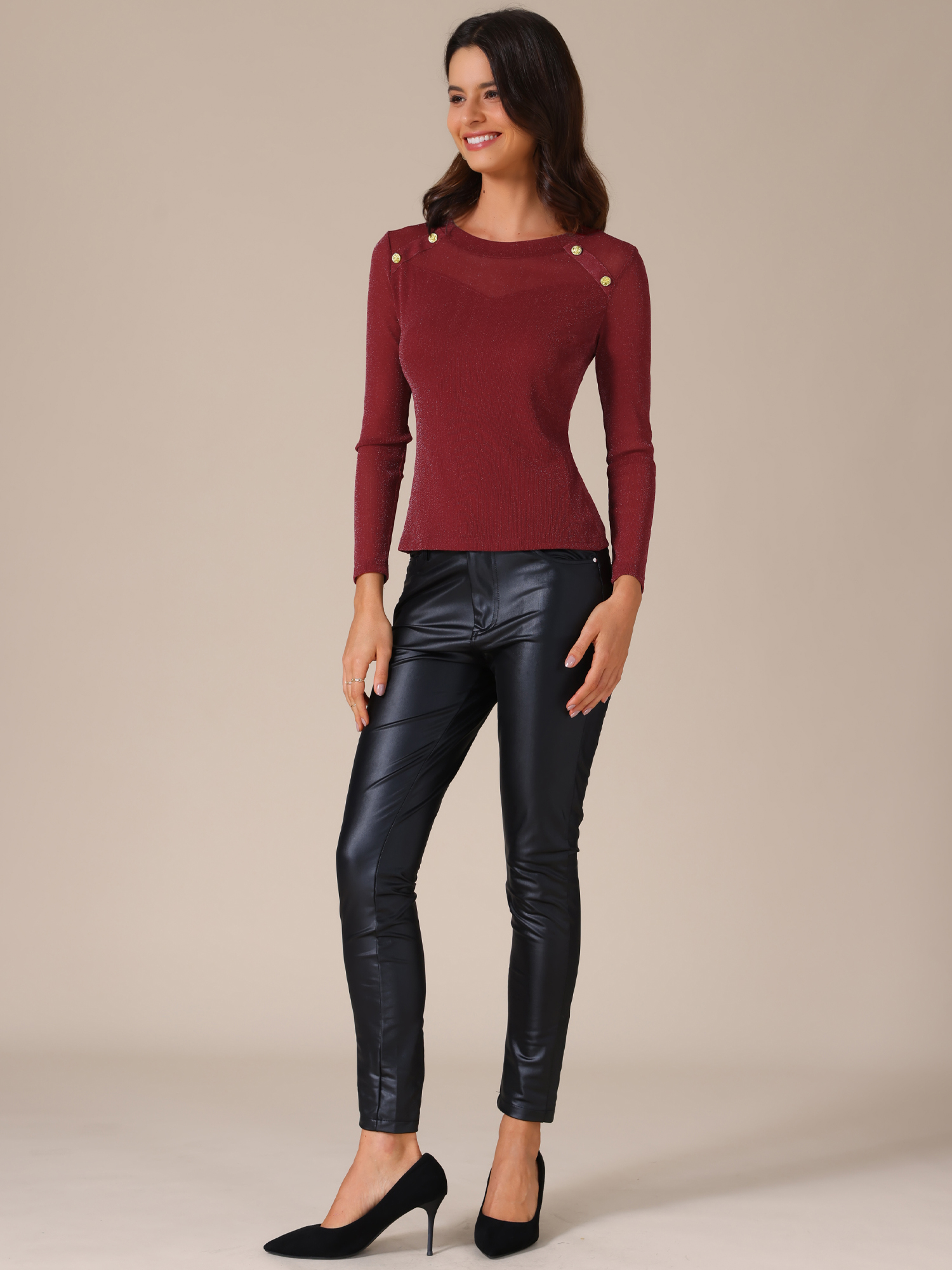 Shiny Glitter Sheer Mesh Button Decor Long Sleeve Top Burgundy/S