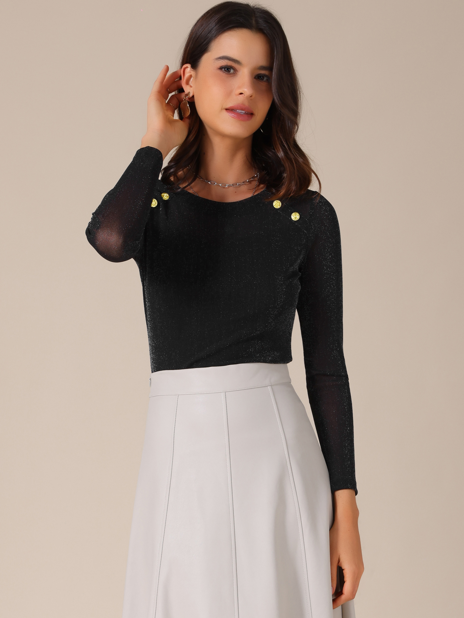 Shiny Glitter Sheer Mesh Button Decor Long Sleeve Top Black/M