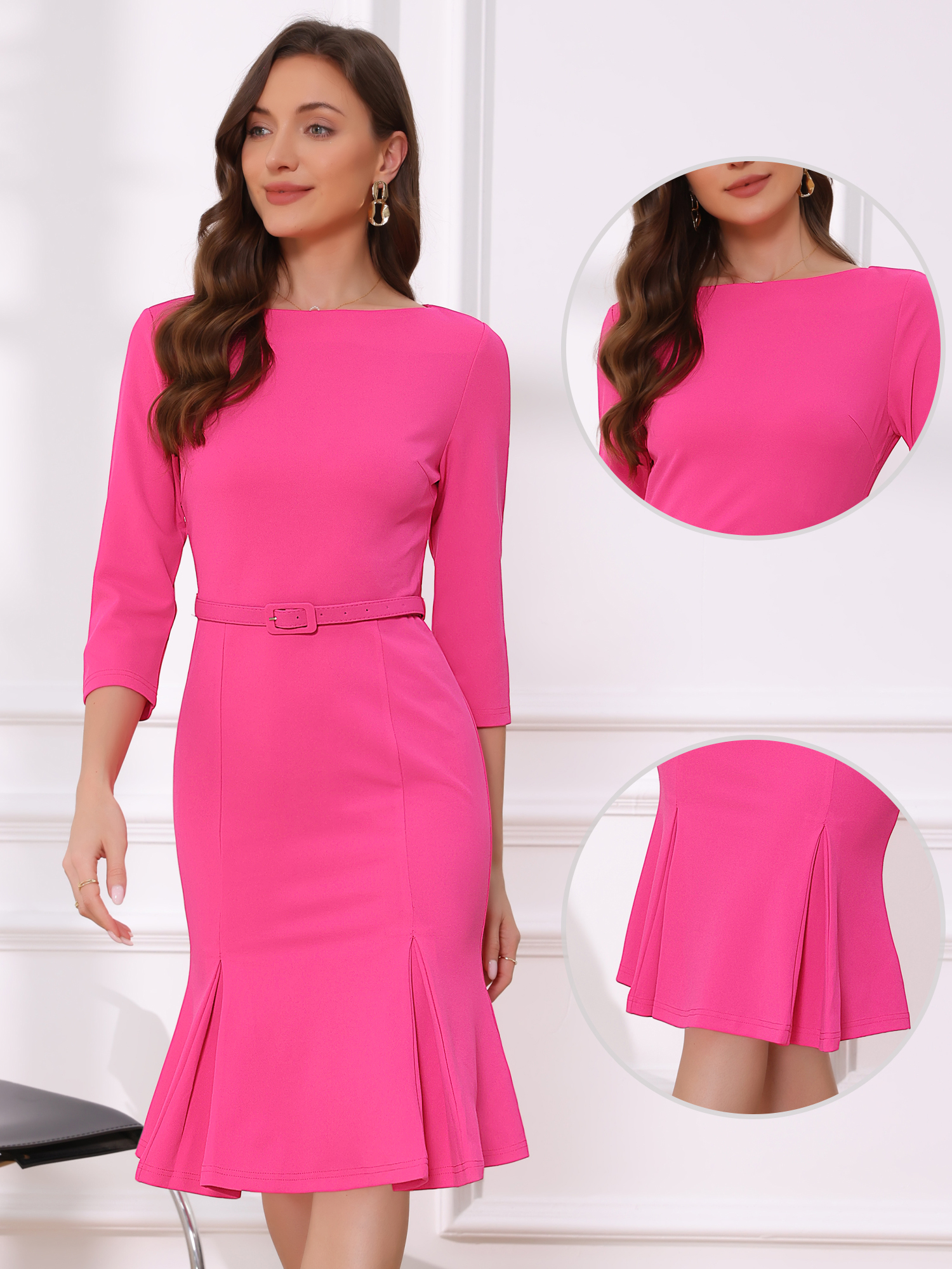 Business Elegant Boat Neck Half Sleeve Pleated Midi Solid Dress Hot Pink/XL