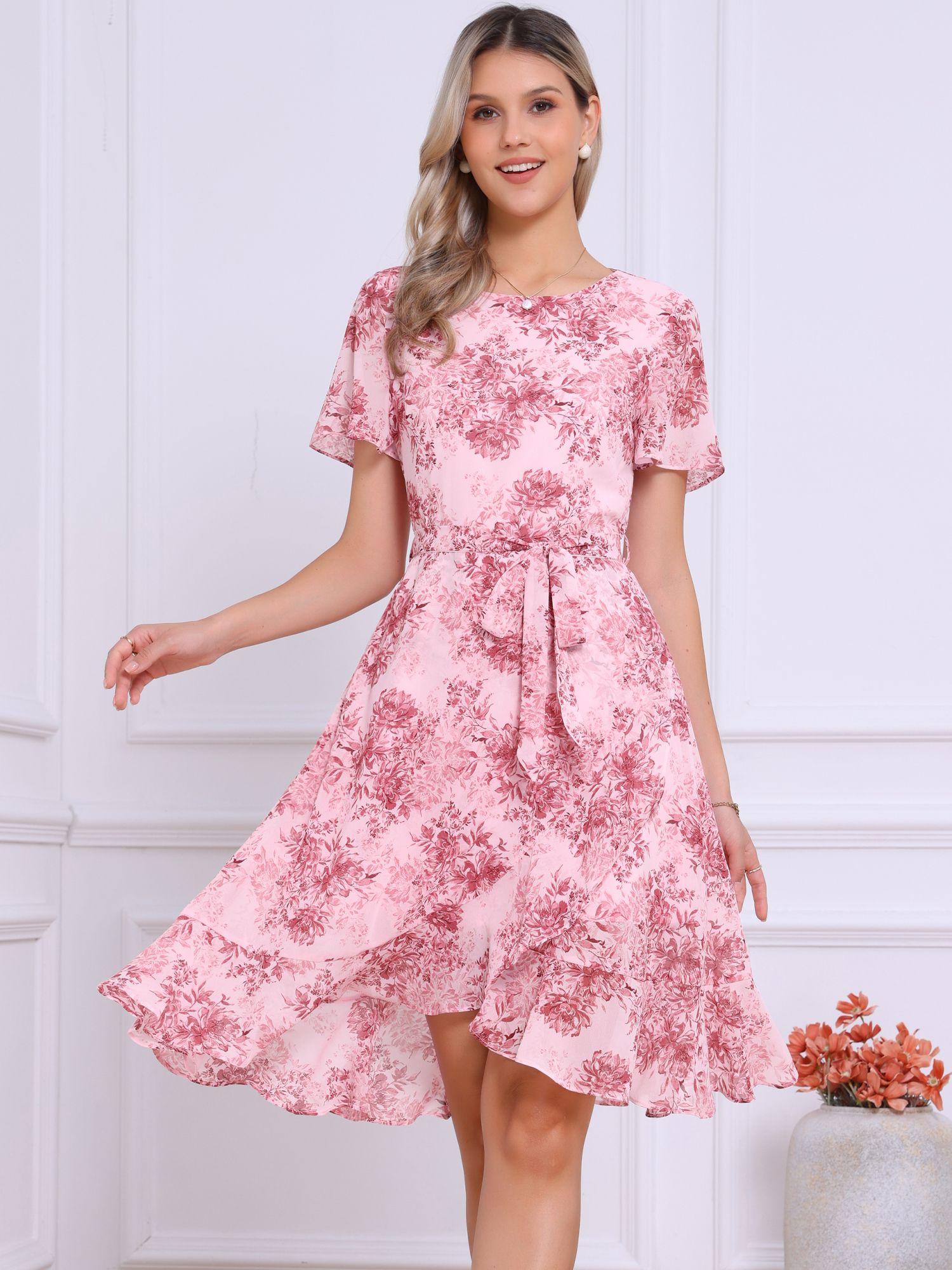 Floral Midi High Low Hem Tie Waist Flowy Chiffon Dress Pink/L