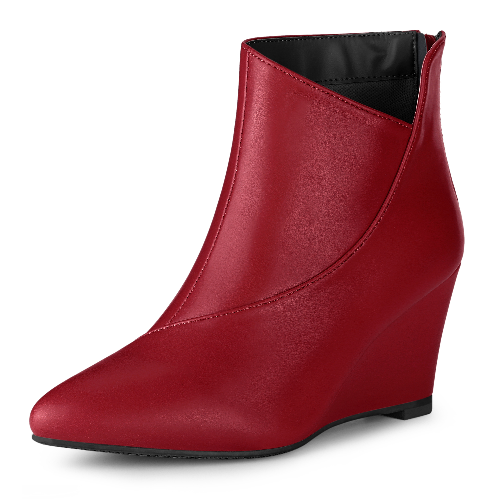 Pointed Toe Zipper Wedge Heel Ankle Booties Red/10