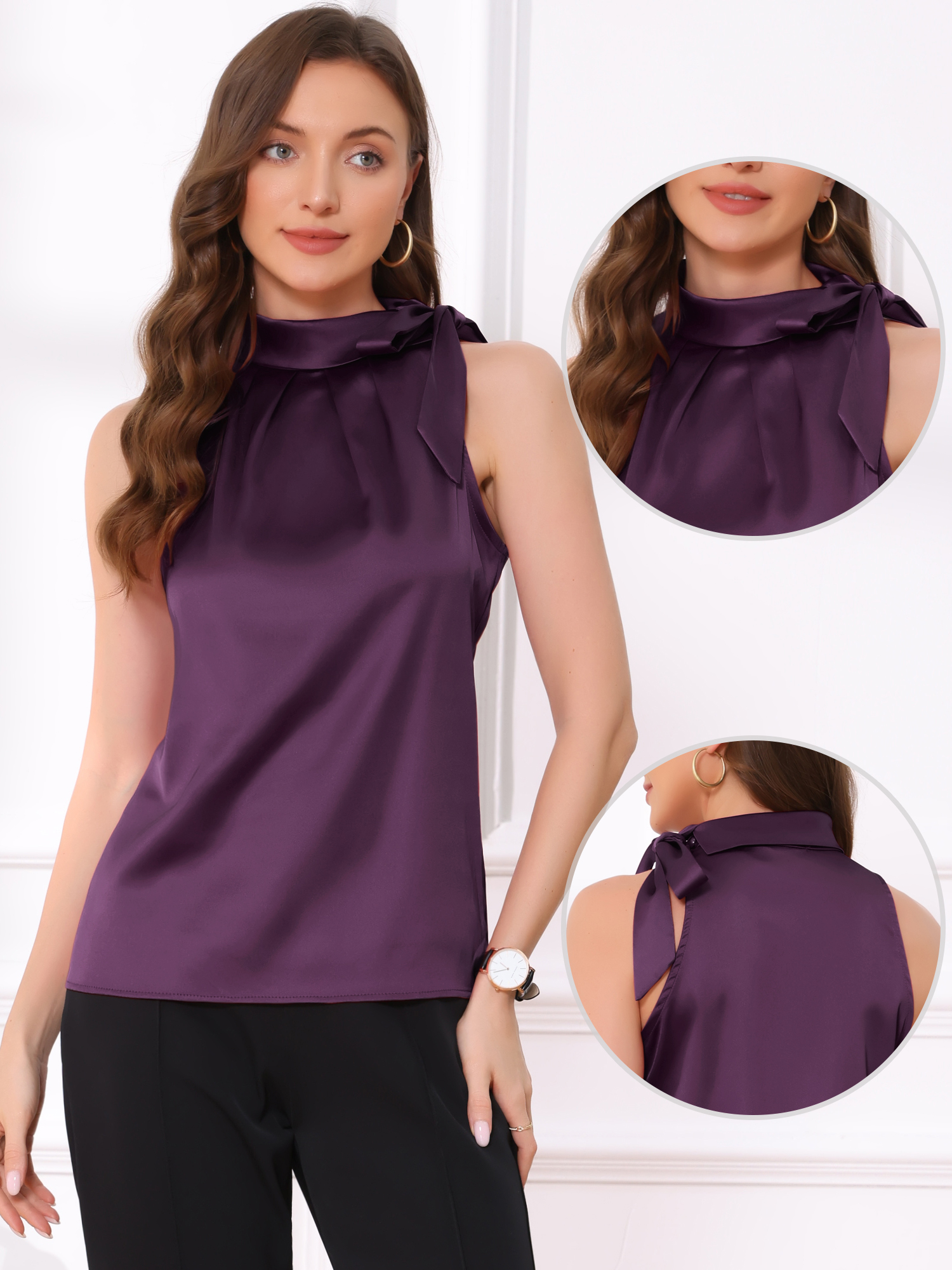 Elegant Satin Sleeveless Tie Knot Mock Neck Solid Work Blouse Top Dark Purple/M