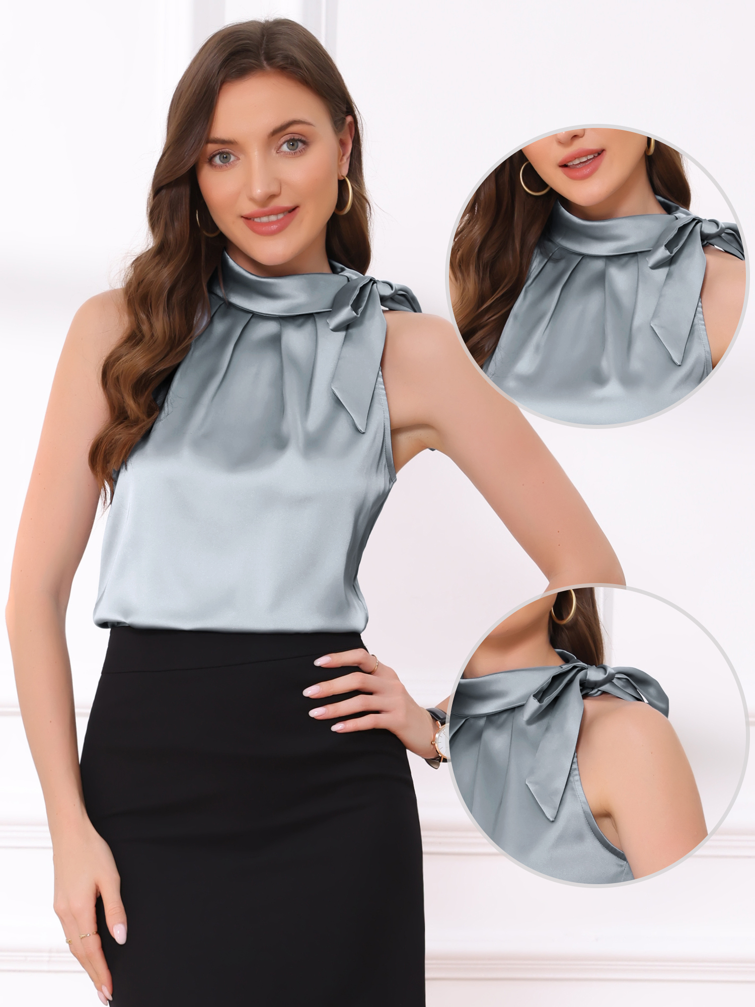 Satin Sleeveless Tie Knot Mock Neck Solid Work Blouse Light Grey/XS