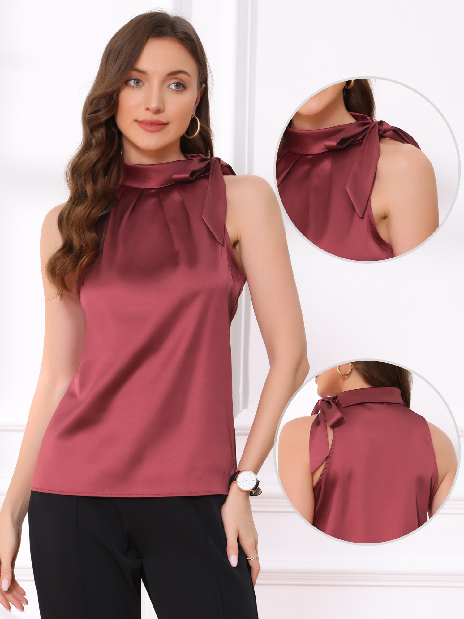 Satin Sleeveless Tie Knot Mock Neck Solid Work Blouse Light Red/XL