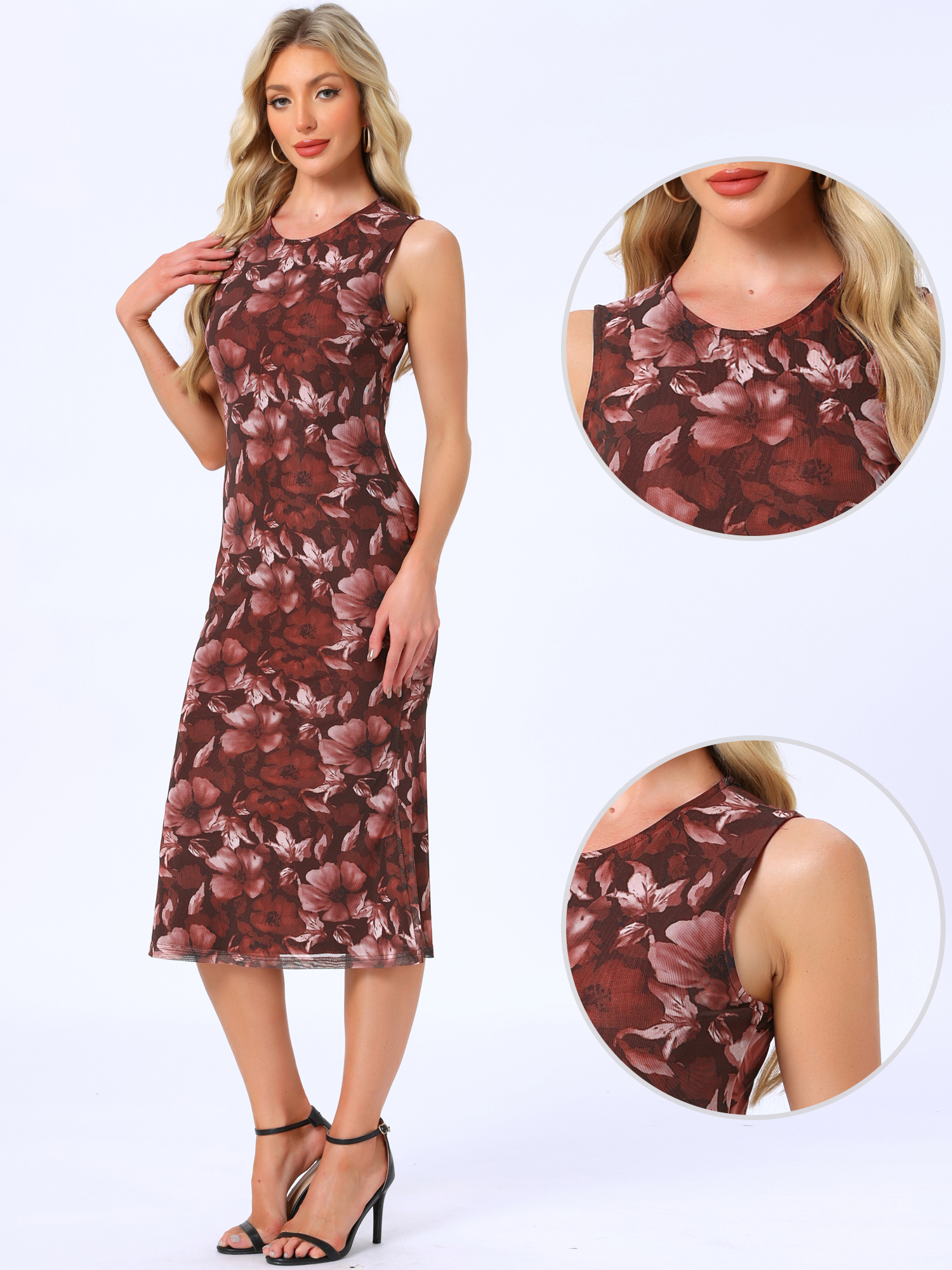Mesh Floral Sleeveless Bodycon Cocktail Midi Dress Burgundy/S