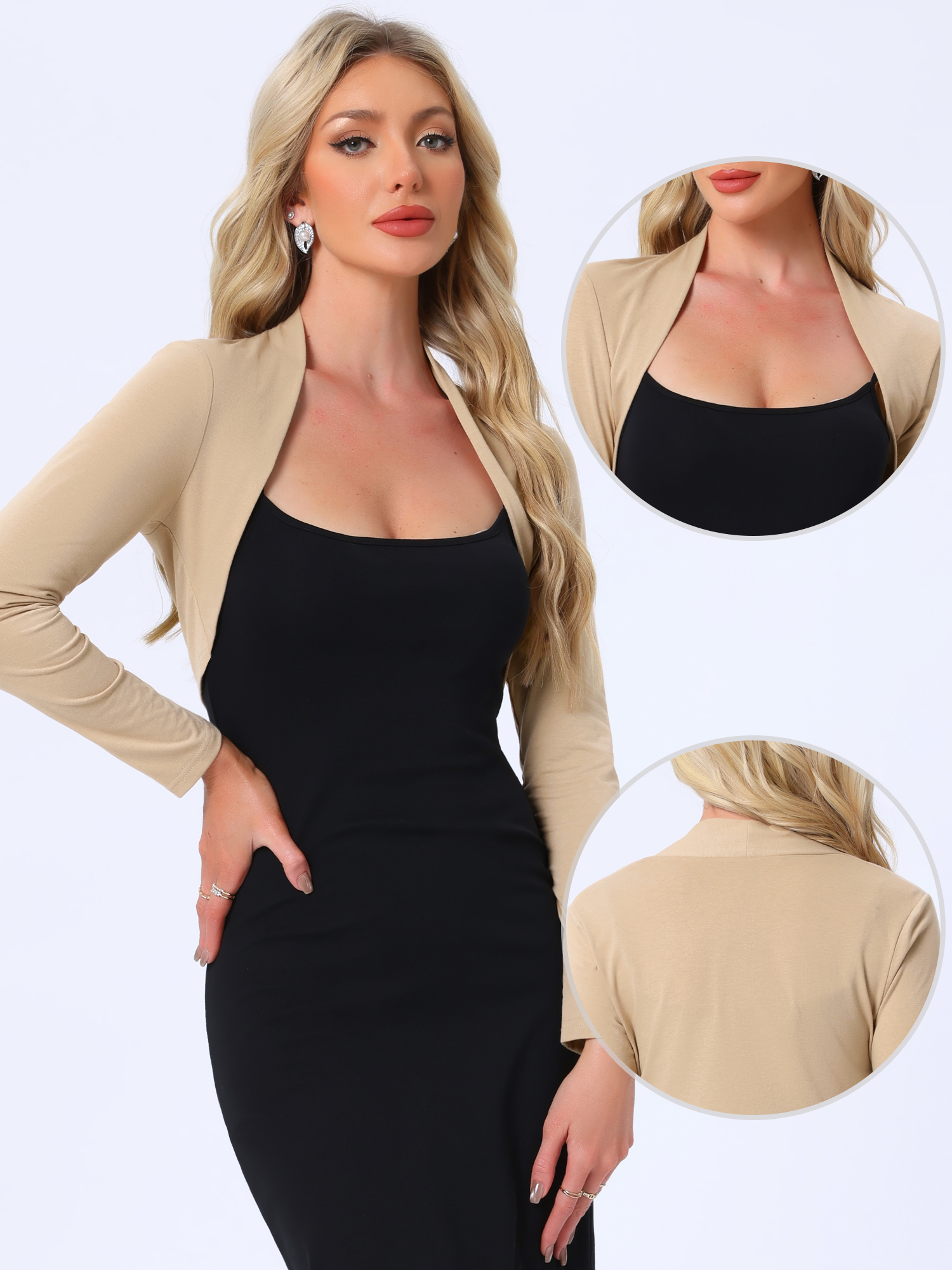 Elegant Long Sleeve Knit Open Front Cropped Bolero Shrug Khaki/XL