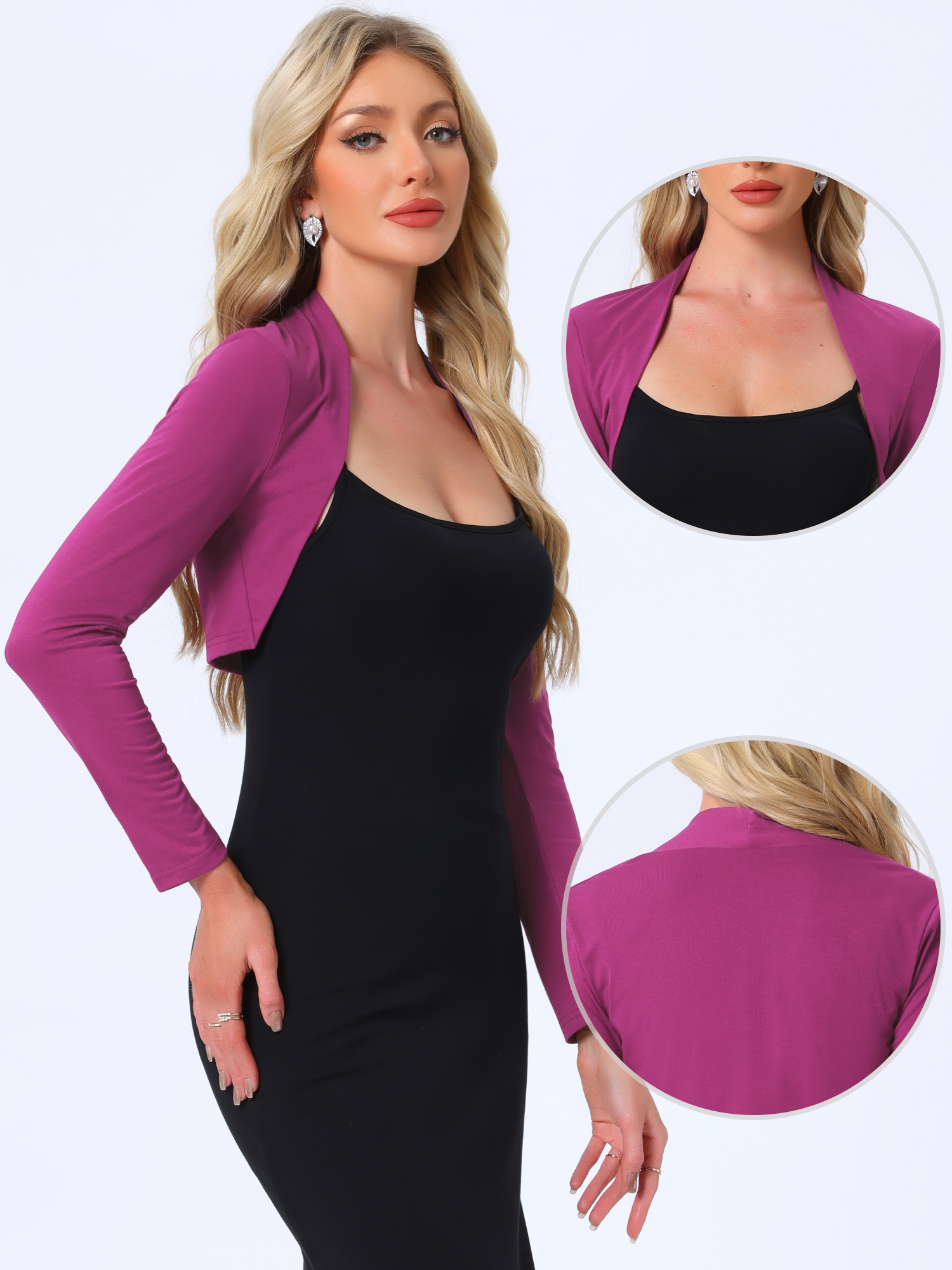 Elegant Long Sleeve Knit Open Front Cropped Bolero Shrug Magenta/L