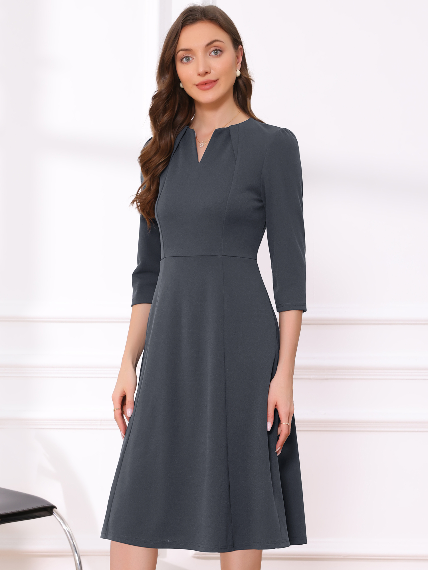 Notch Neck Pocketed 3/4 Sleeve Solid A-Line Work Dress Dark Grey/M