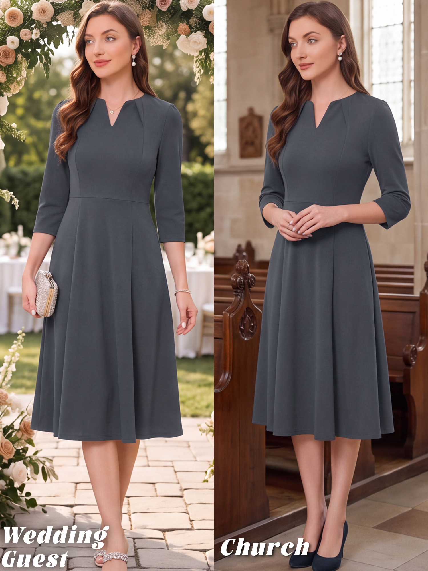 Notch Neck Pocketed 3/4 Sleeve Solid A-Line Work Dress Dark Grey/XL