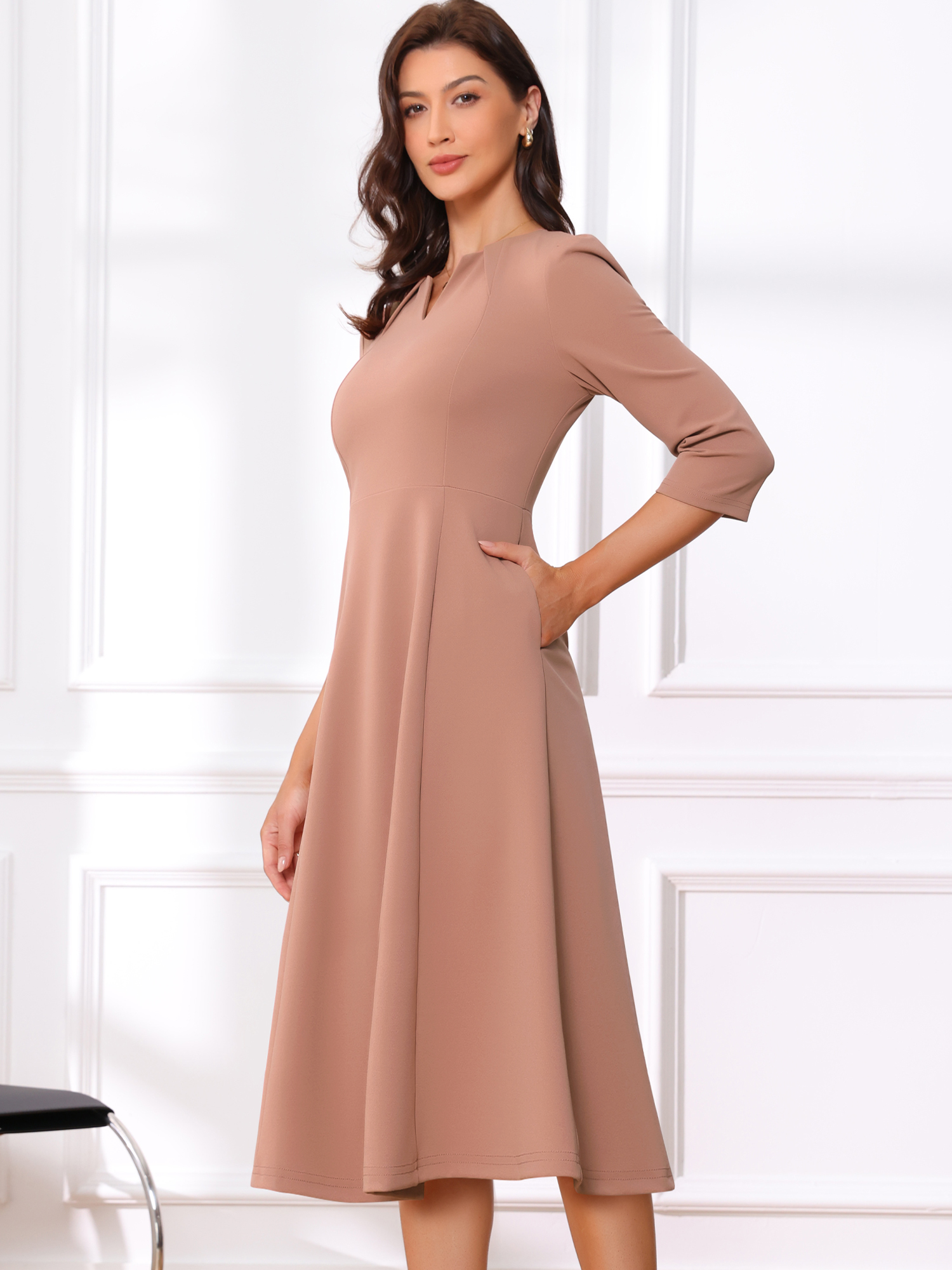 Notch Neck 3/4 Sleeve Pocketed Solid A-Line Work Dress Rose Tan/XL