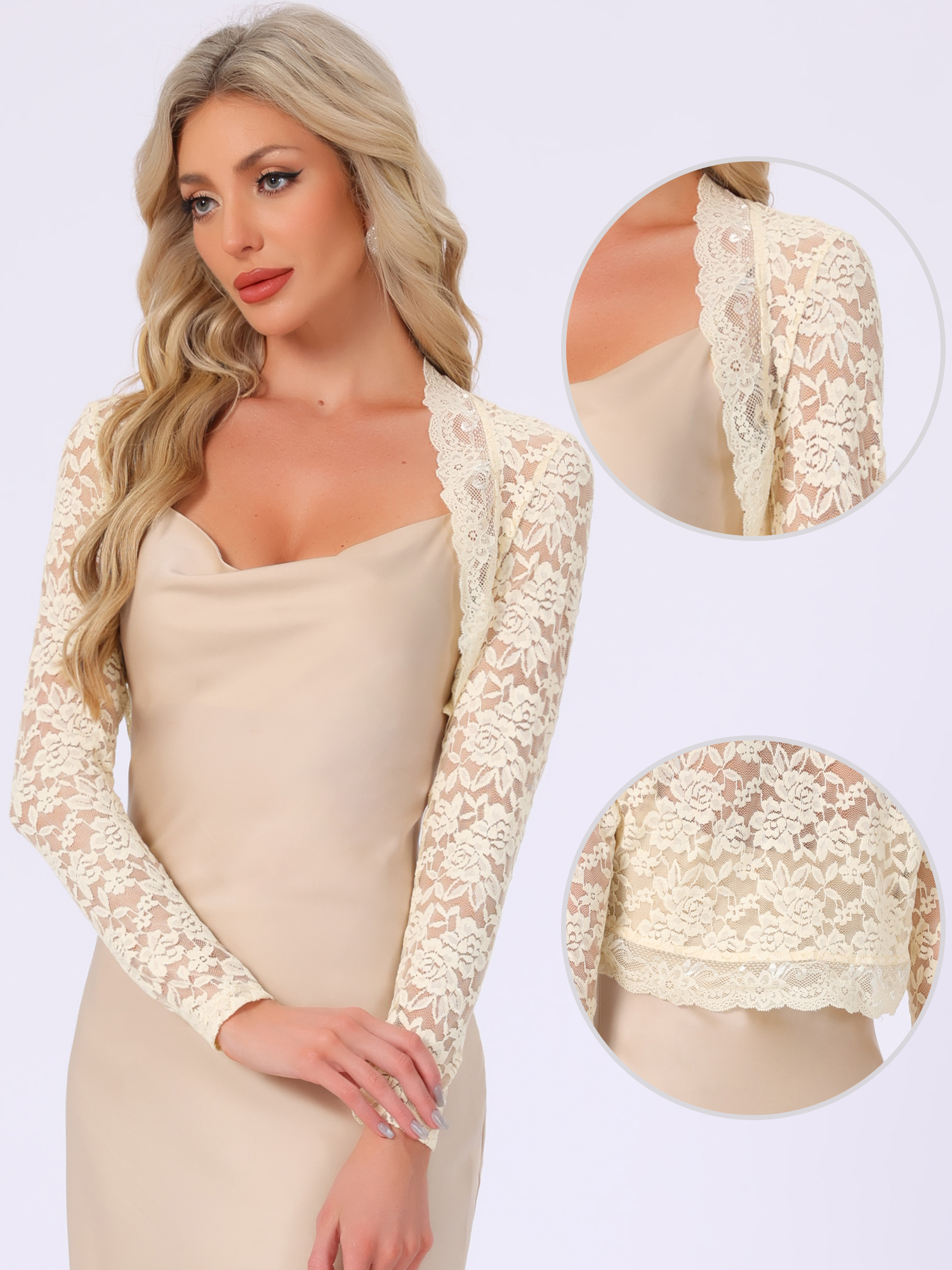 Floral Lace Long Sleeve Open Front Cropped Bolero Shrugs Apricot/XL