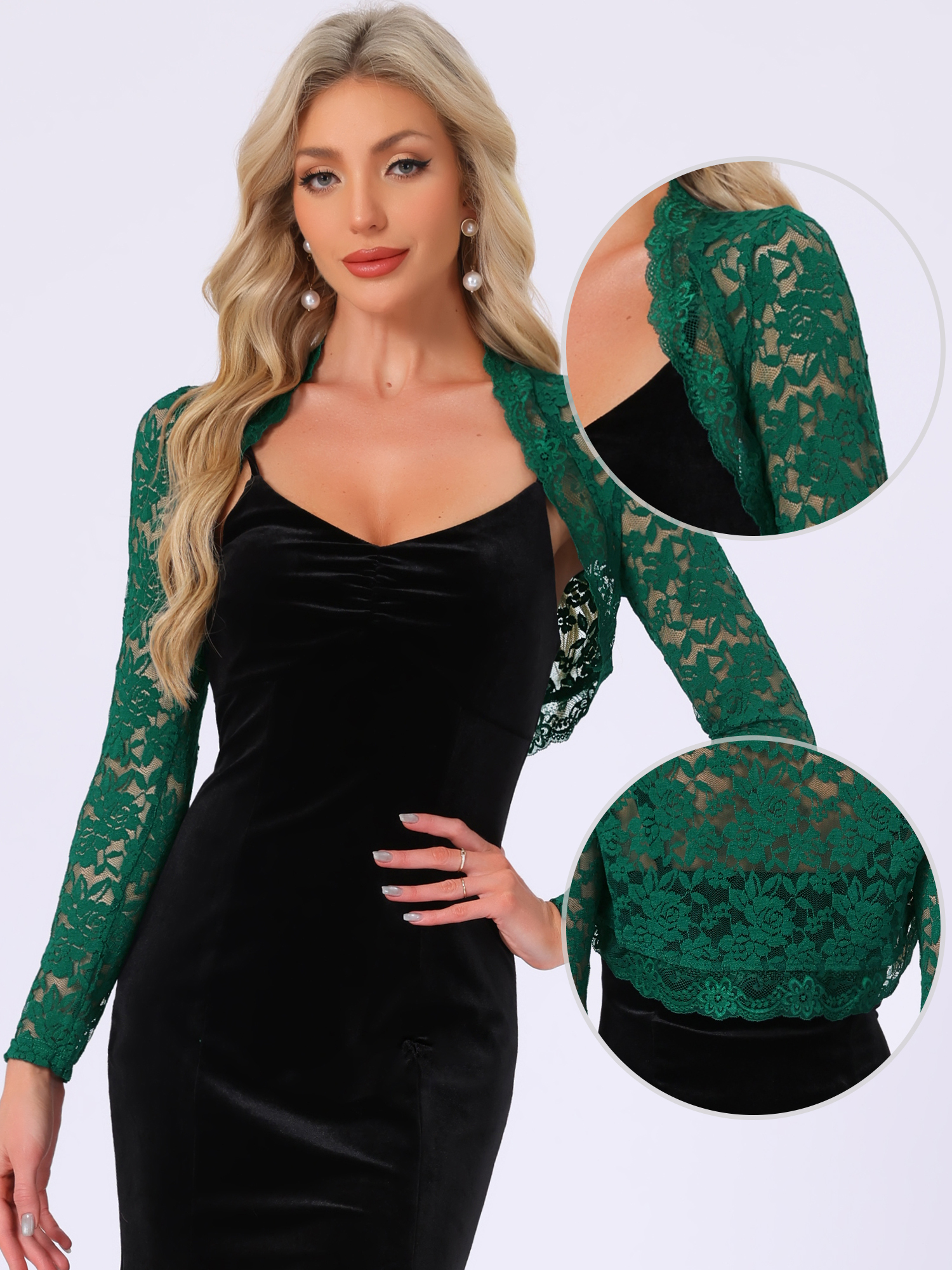 Floral Lace Long Sleeve Open Front Cropped Bolero Shrugs Green/XL