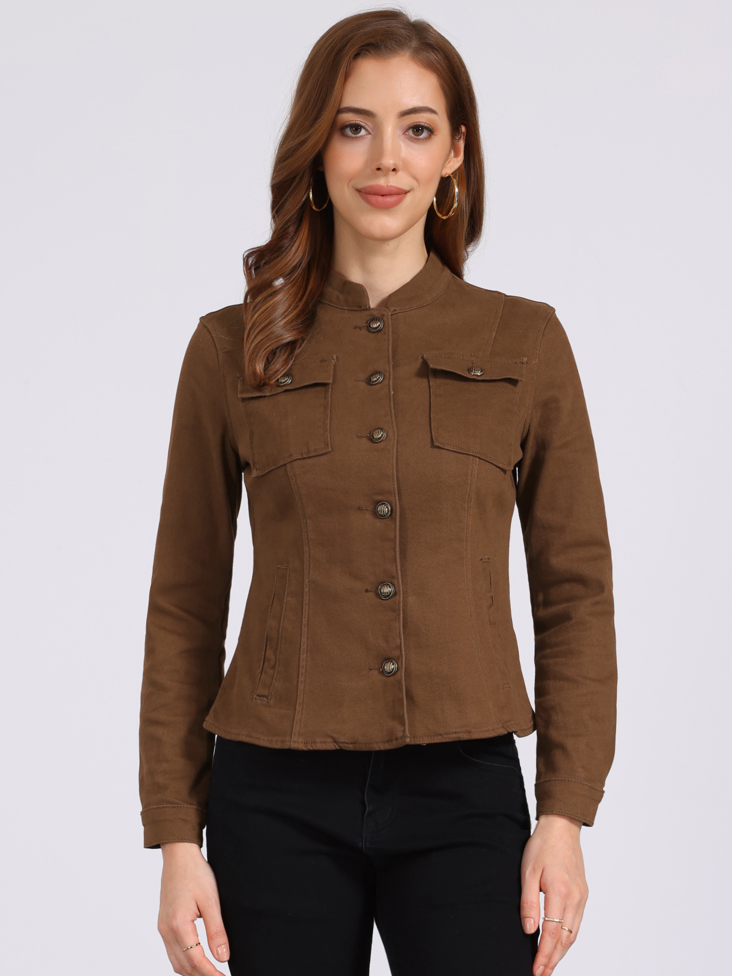 Casual Denim Classic Stand Collar Long Sleeve Jean Jacket Brown/M