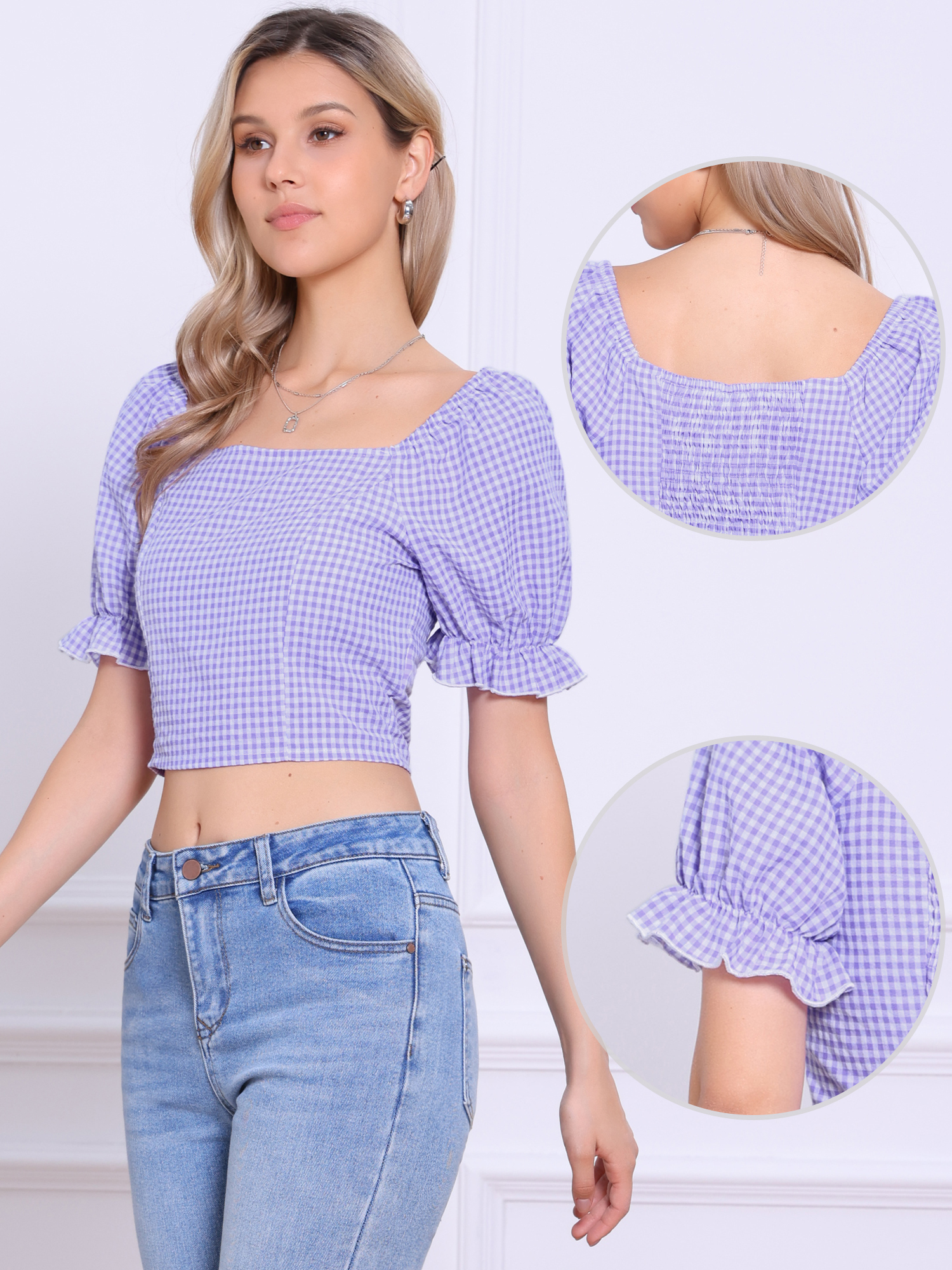 Gingham Bubble Sleeve Smocked Cropped Casual Blouse Light Purple/XL