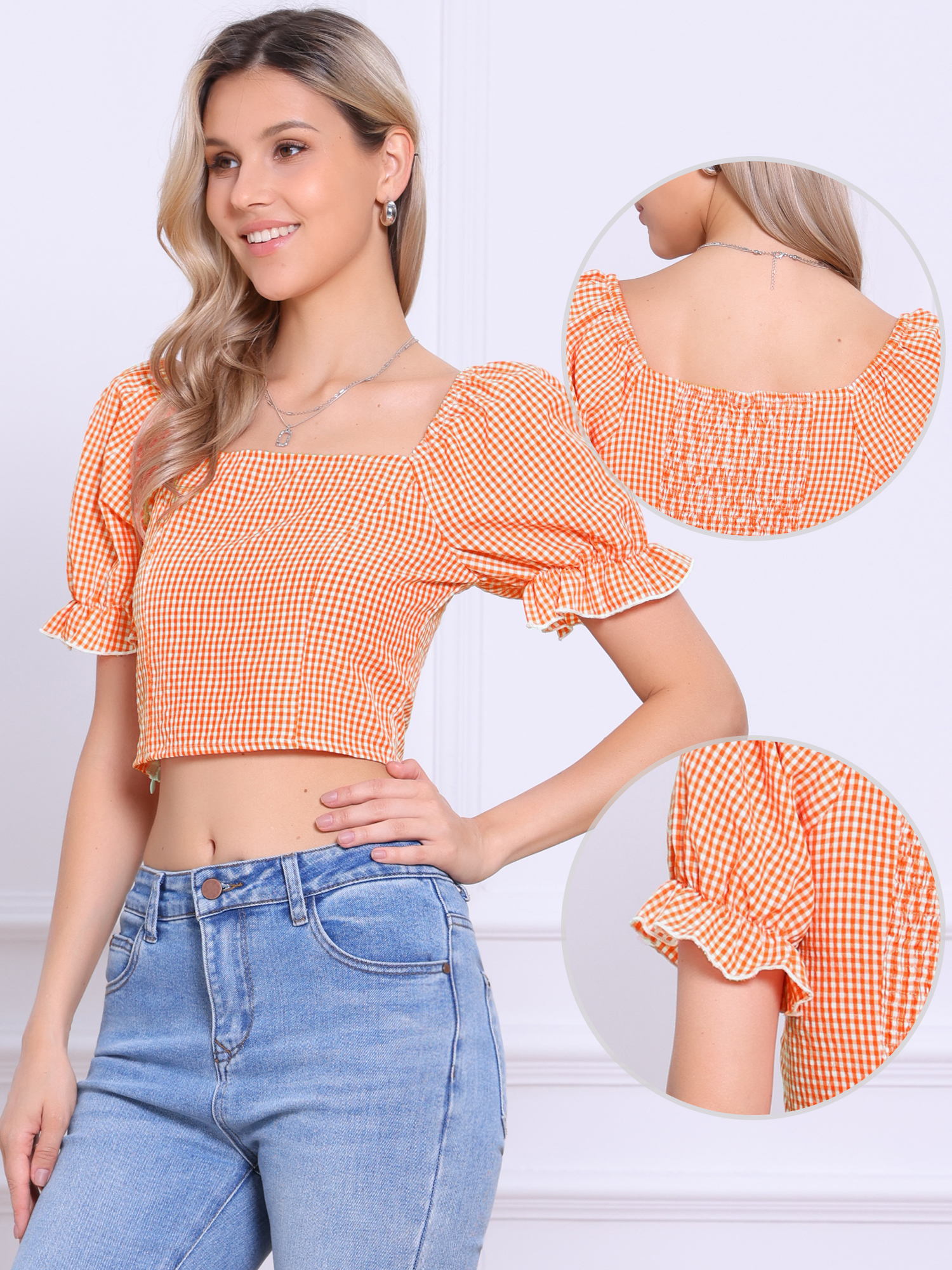 Gingham Bubble Sleeve Smocked Cropped Casual Blouse Orange/L