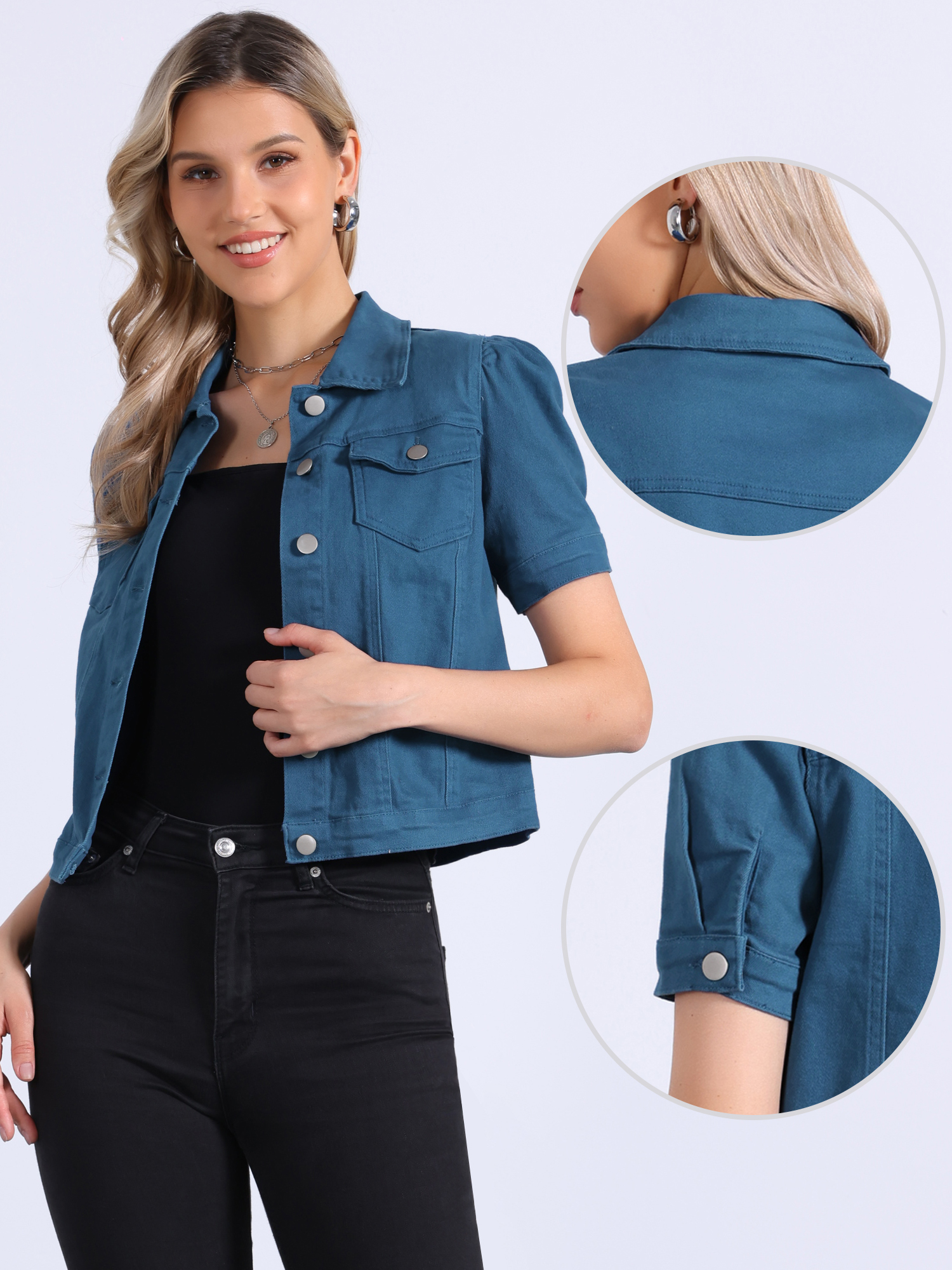 Casual Short Puff Sleeves Button-Down Jean Denim Jacket Denim Blue/XS