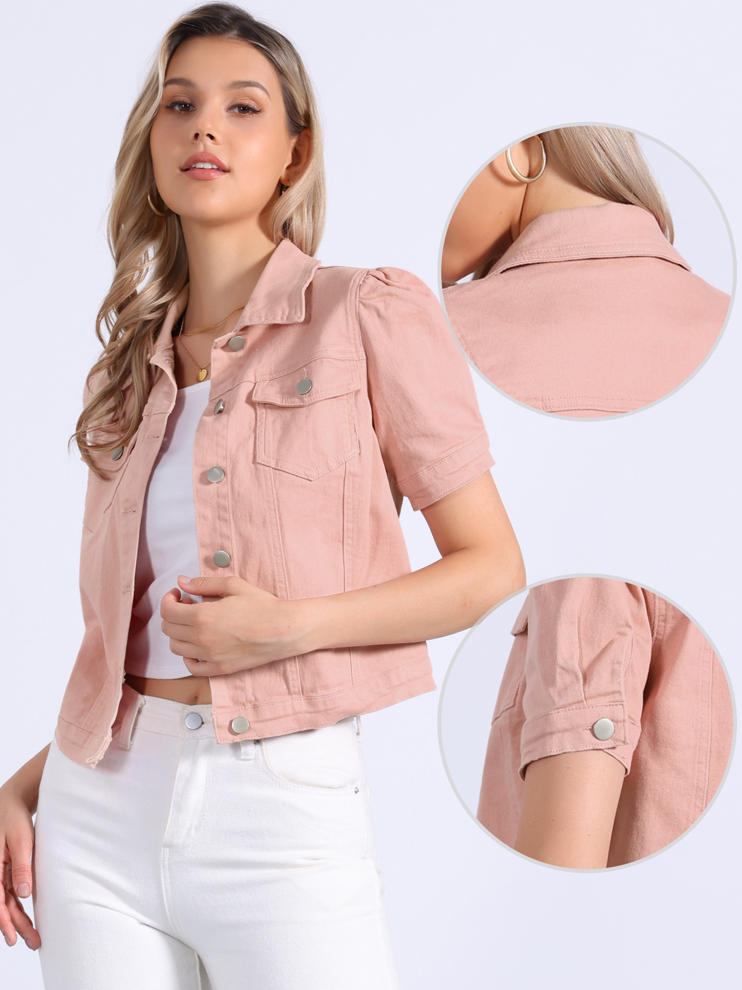 Casual Short Puff Sleeves Button-Down Jean Denim Jacket Pink/XL