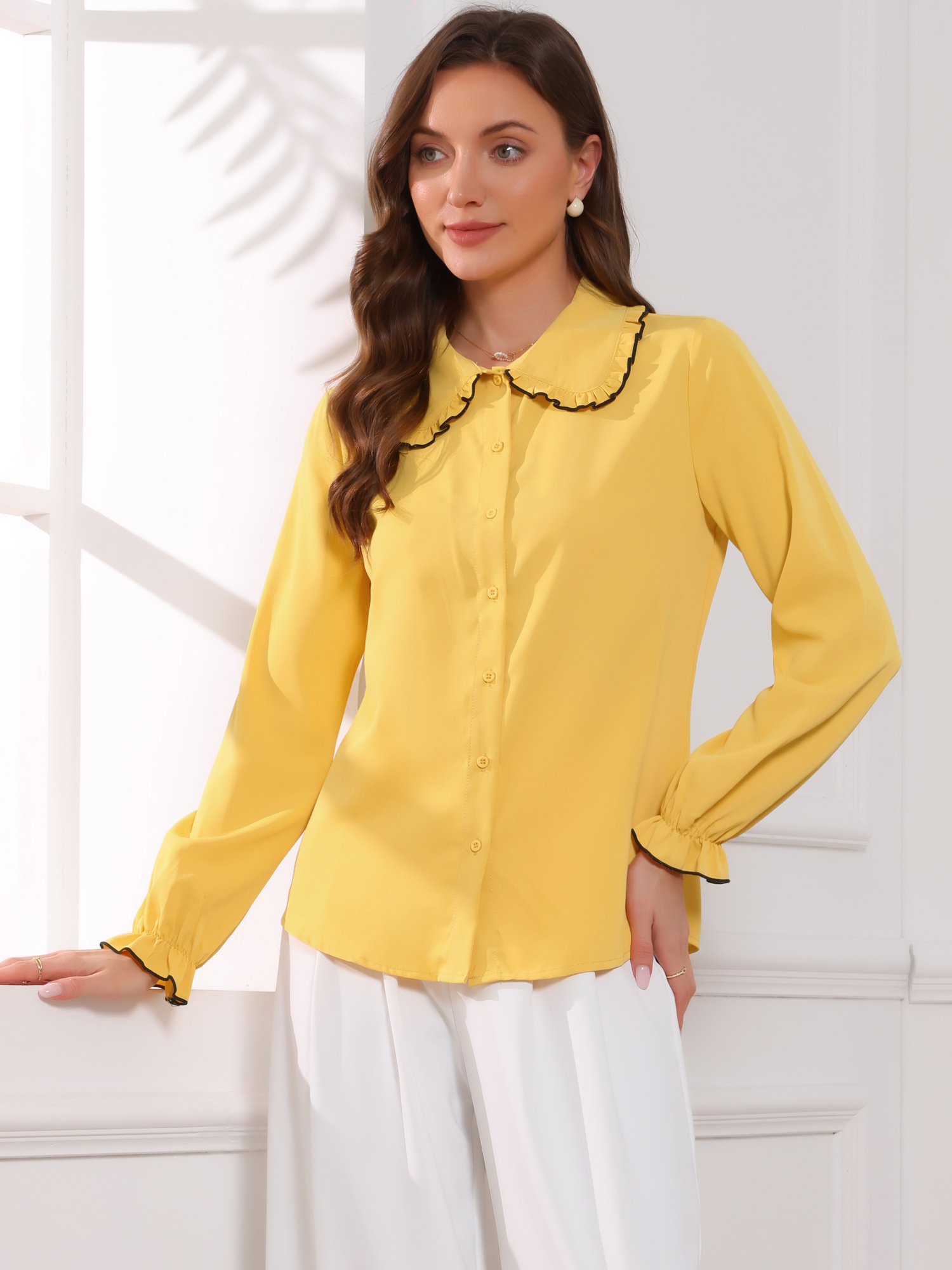 Sweet Ruffle Peter Pan Collar Long Sleeve Button Up Shirt Yellow/S