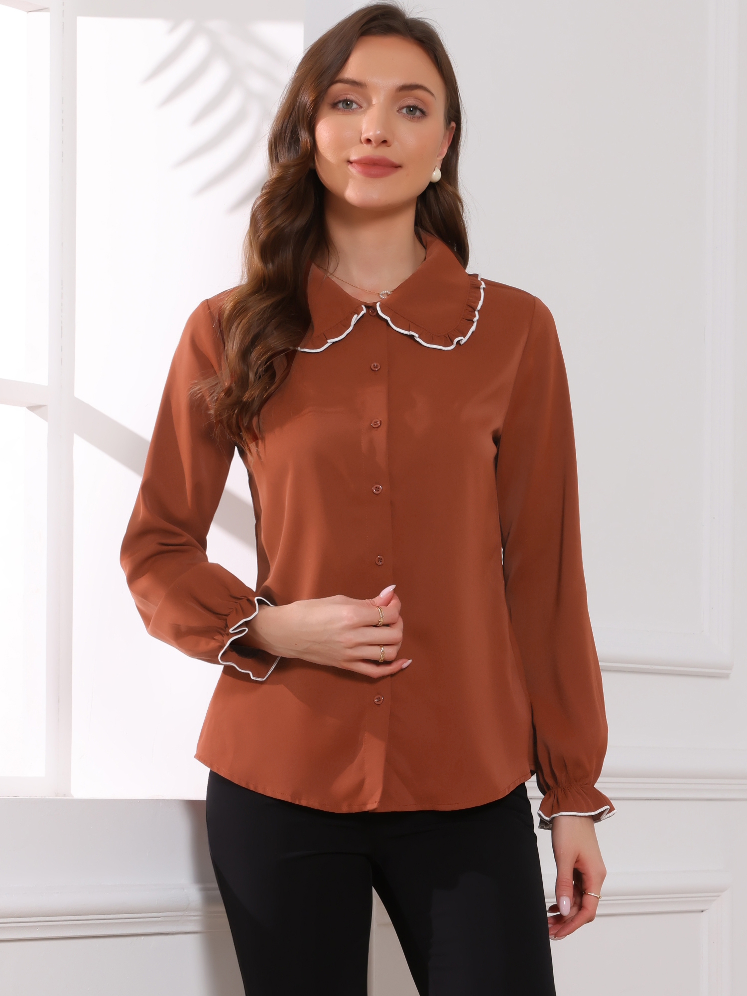 Sweet Ruffle Peter Pan Collar Long Sleeve Button Up Shirt Brick Red/L