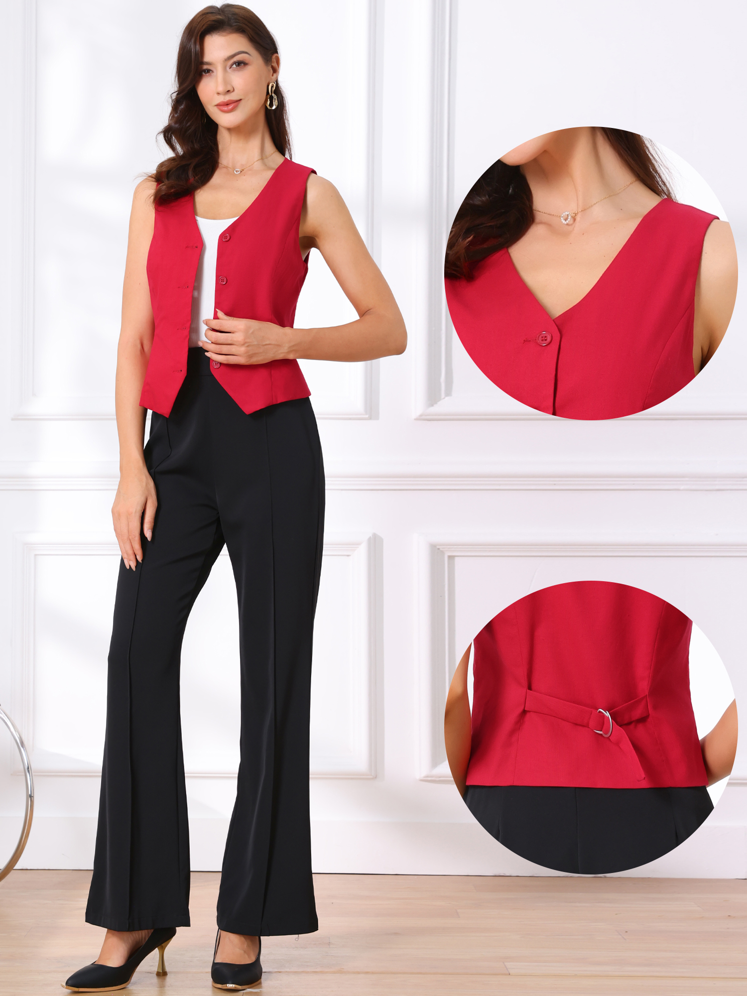 Sleeveless Solid Button Down V Neck Waistcoat Vest Deep Red/M