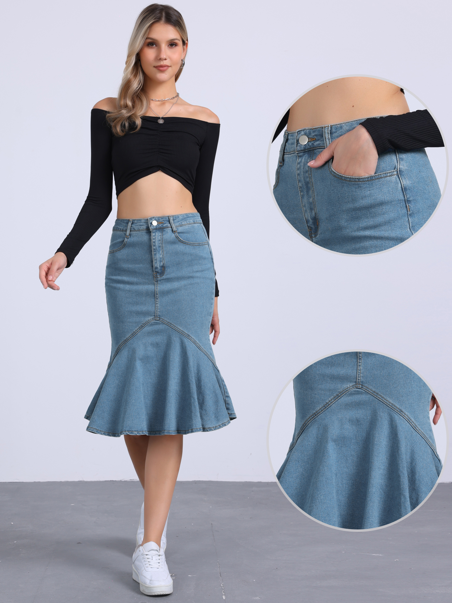 Fishtail Denim High Waist Bodycon Jean Ruffles Skirts Light Blue/XL