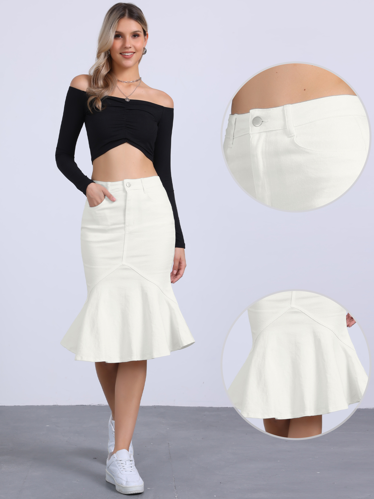 Fishtail Denim High Waist Bodycon Jean Ruffles Skirts White/M
