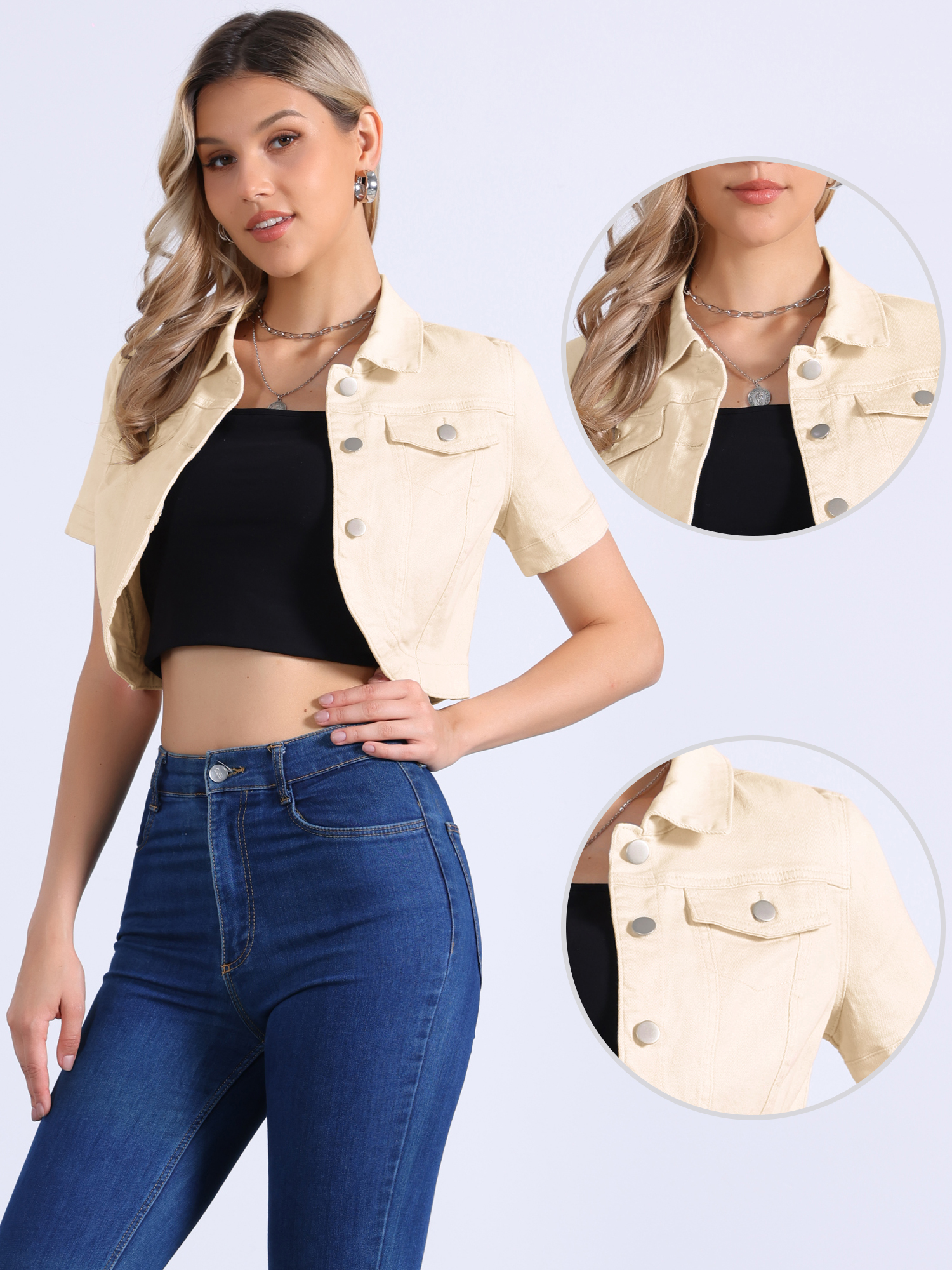 Casual Denim Turndown Collar Short Sleeves Crop Jean Jackets Apricot/XS