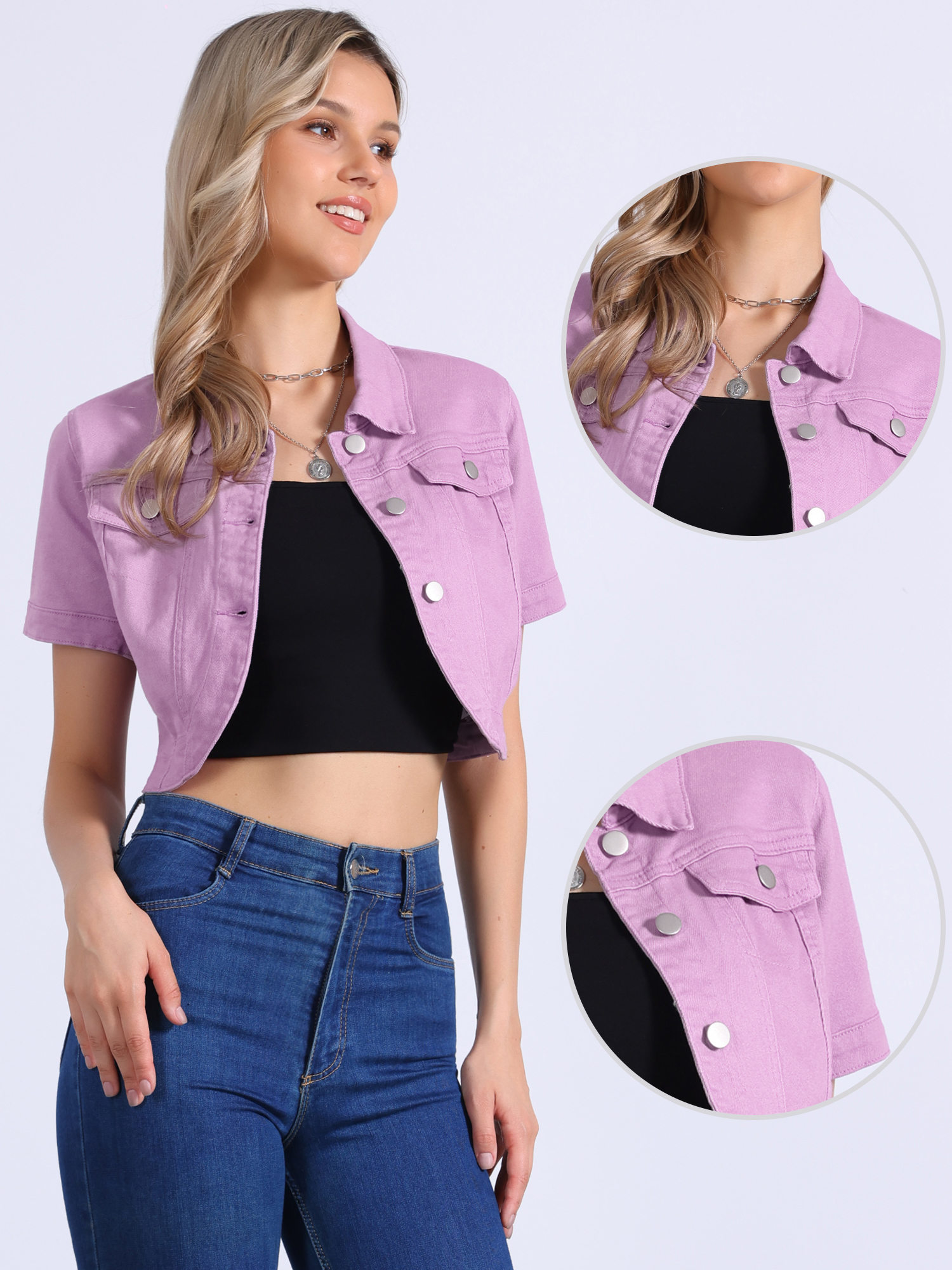 Casual Denim Turndown Collar Short Sleeves Crop Jean Jackets Purple/M