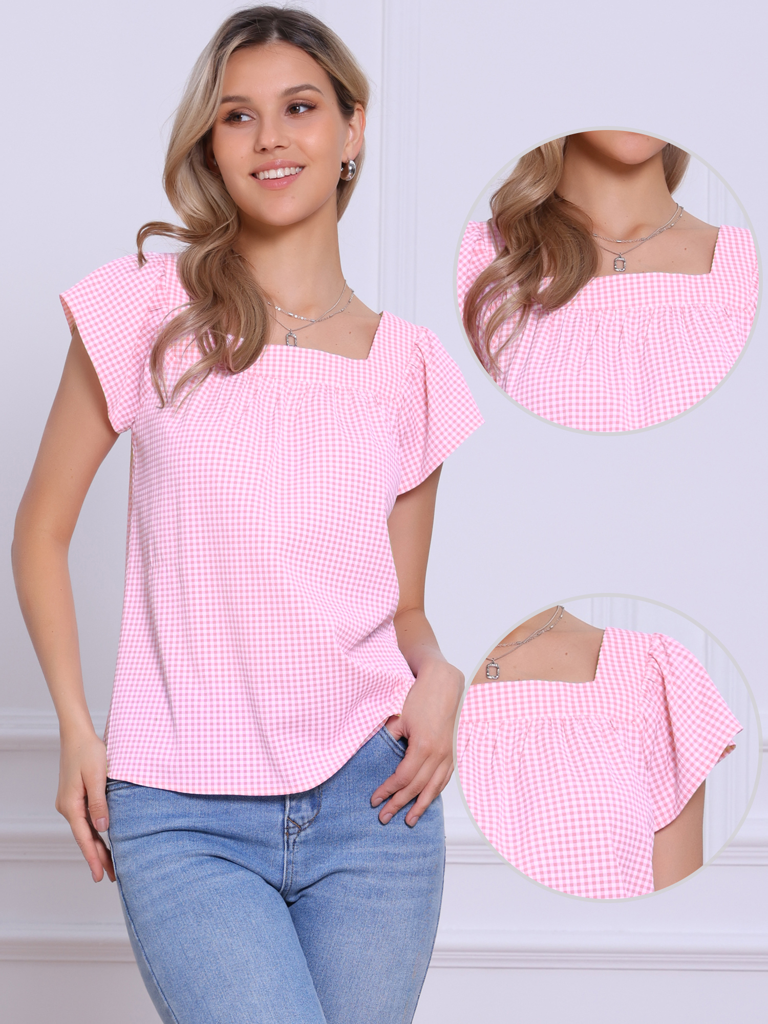 Square Neck Short Sleeves Gingham Plaid Blouse Pink/XS