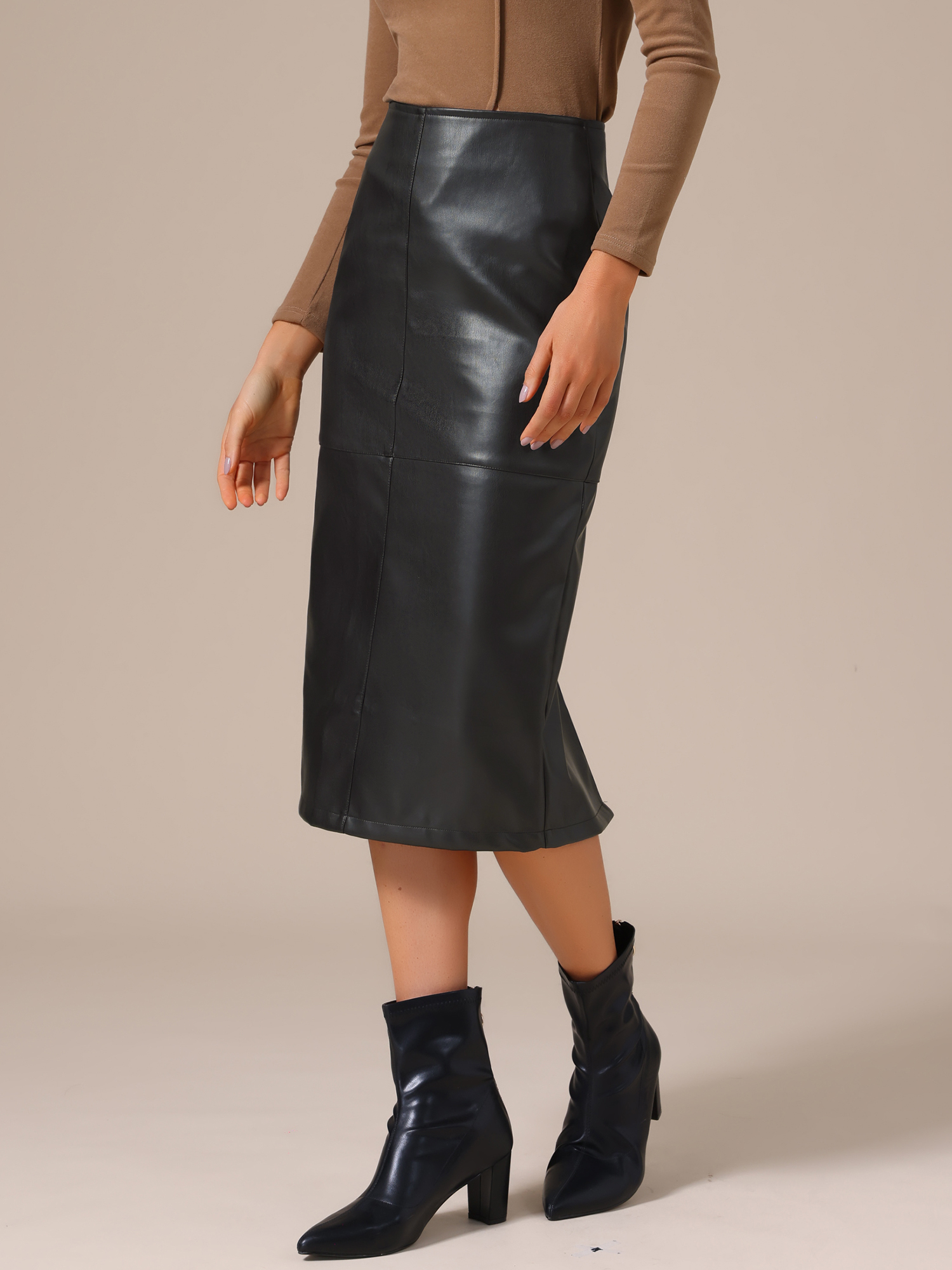PU Leather Midi High Waist Split Back Pencil Skirt Black/M