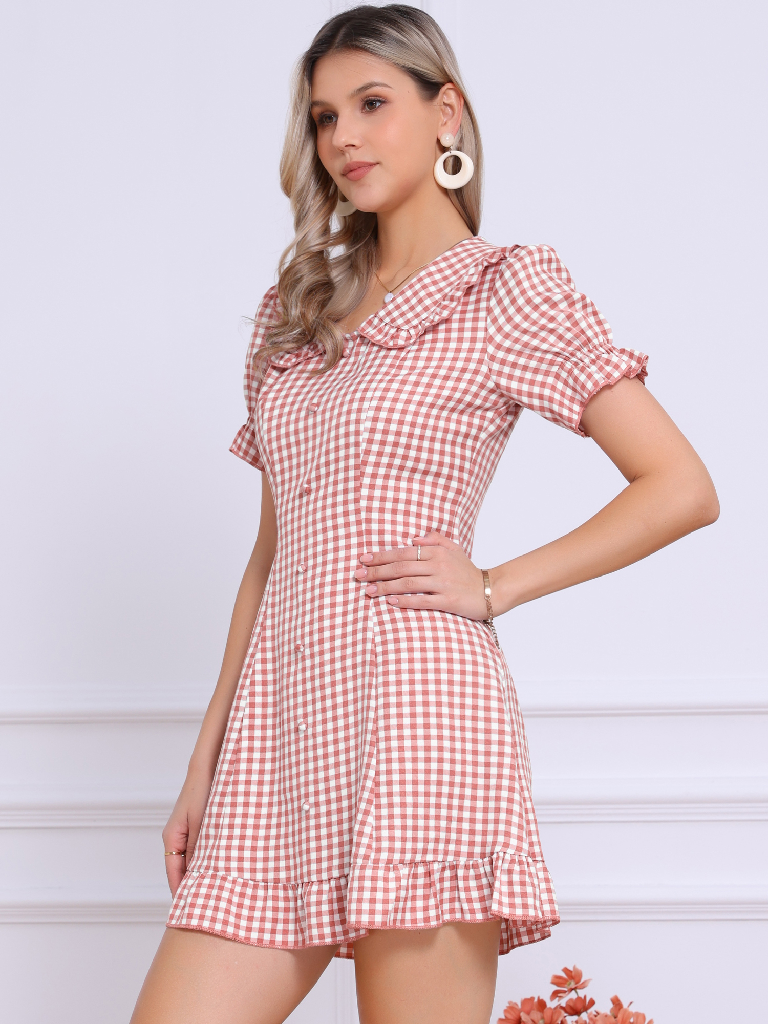 Gingham Checks Ruffled Peter Pan Collar 1960s Vintage Mini Dress Dark Pink/L